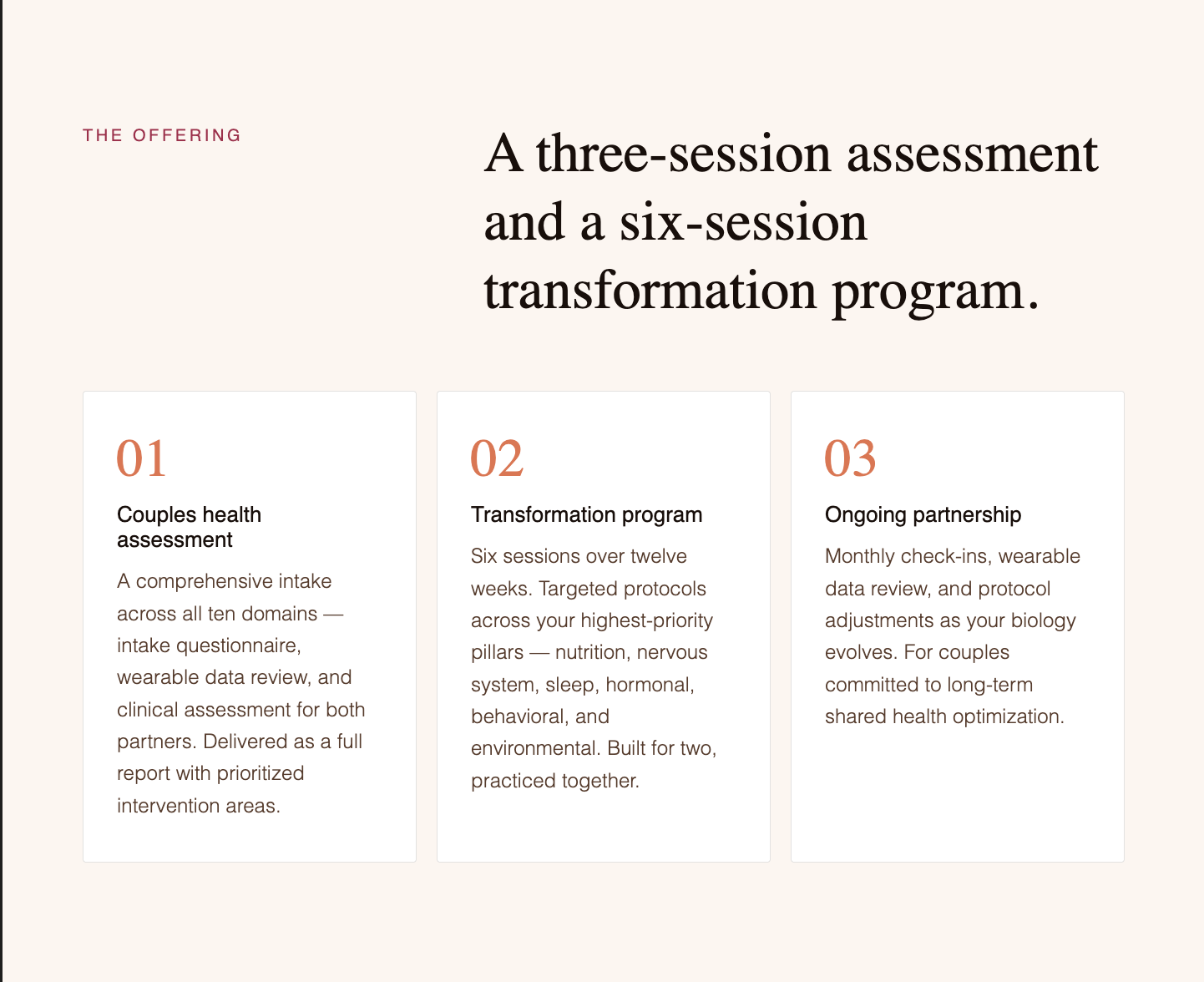 A webpage detailing a health assessment and transformation program, with three sections titled 'Couples health assessment,' 'Transformation program,' and 'Ongoing partnership.'