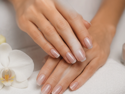 Close-up of well-manicured hands resting on a white surface with a white flower nearby.