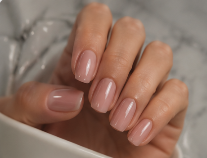 Close-up of a hand with neatly manicured nails painted in a light, glossy nude color, resting on a marble surface.