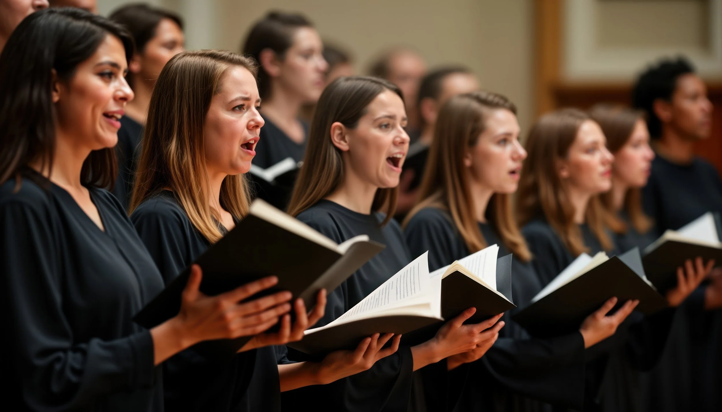 Group of women singing in choir, holding sheet music, dressed in black robes.