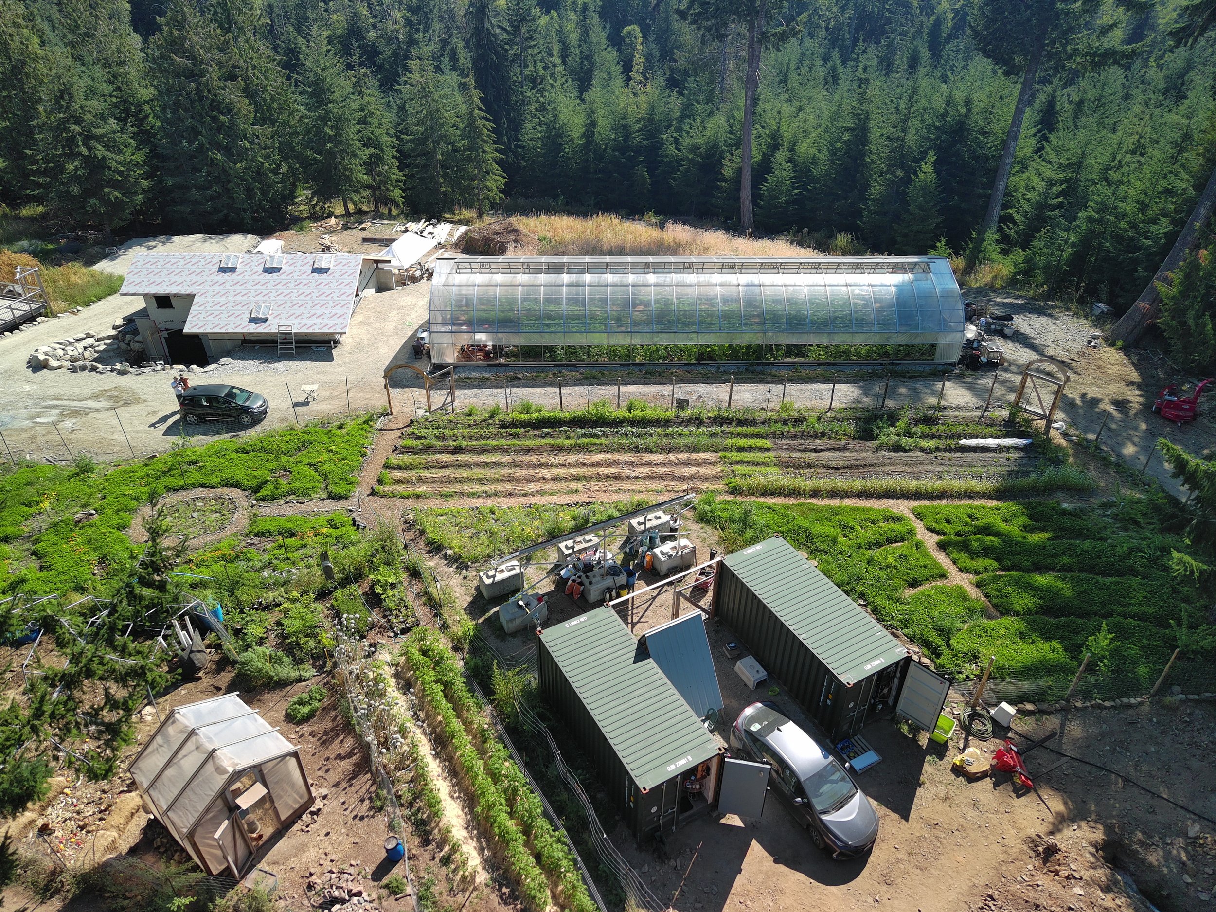 Aerial view of a residential garden with a greenhouse, vegetable patches, and a building under construction, surrounded by tall pine trees.