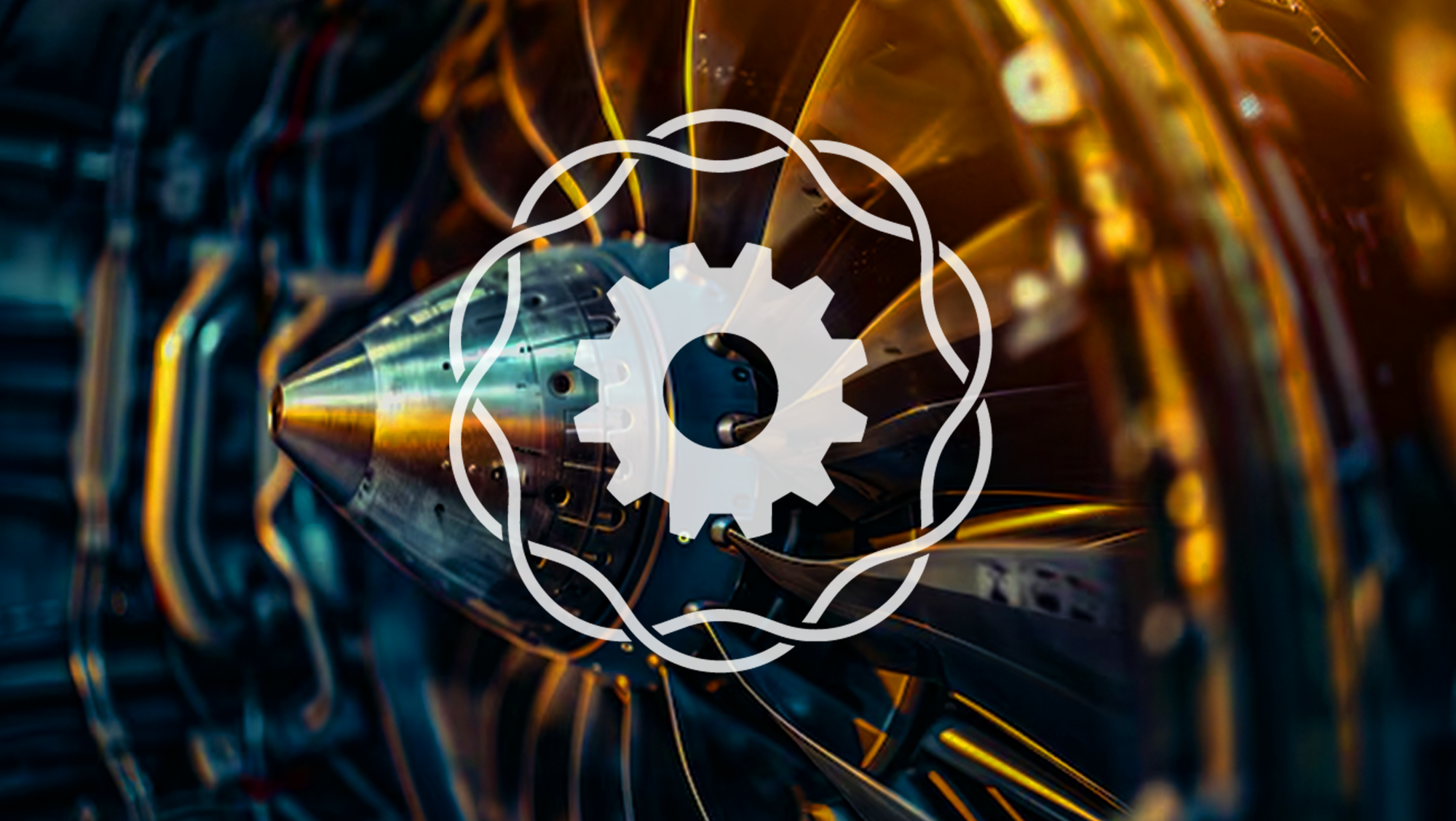 Close-up of a metallic machine part with intricate details and glowing yellow-orange sparks, overlaid with a white gear and circuit design symbol.