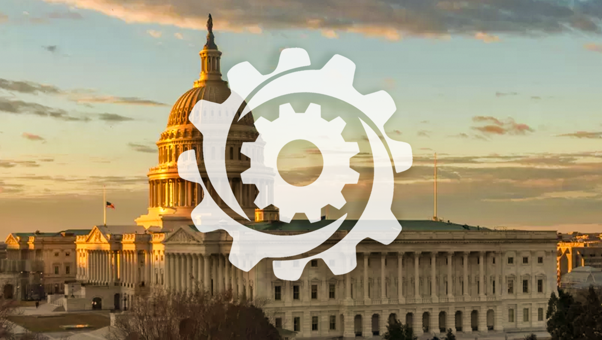 U.S. Capitol building at sunset with a gear and circuit icon overlay