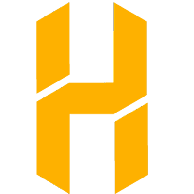 Gold and black geometric logo with interlocking shapes forming the letter 'H'.