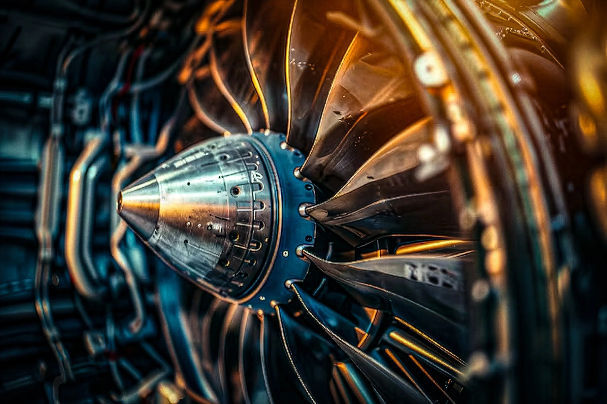 A close up of a jet engine turbine.