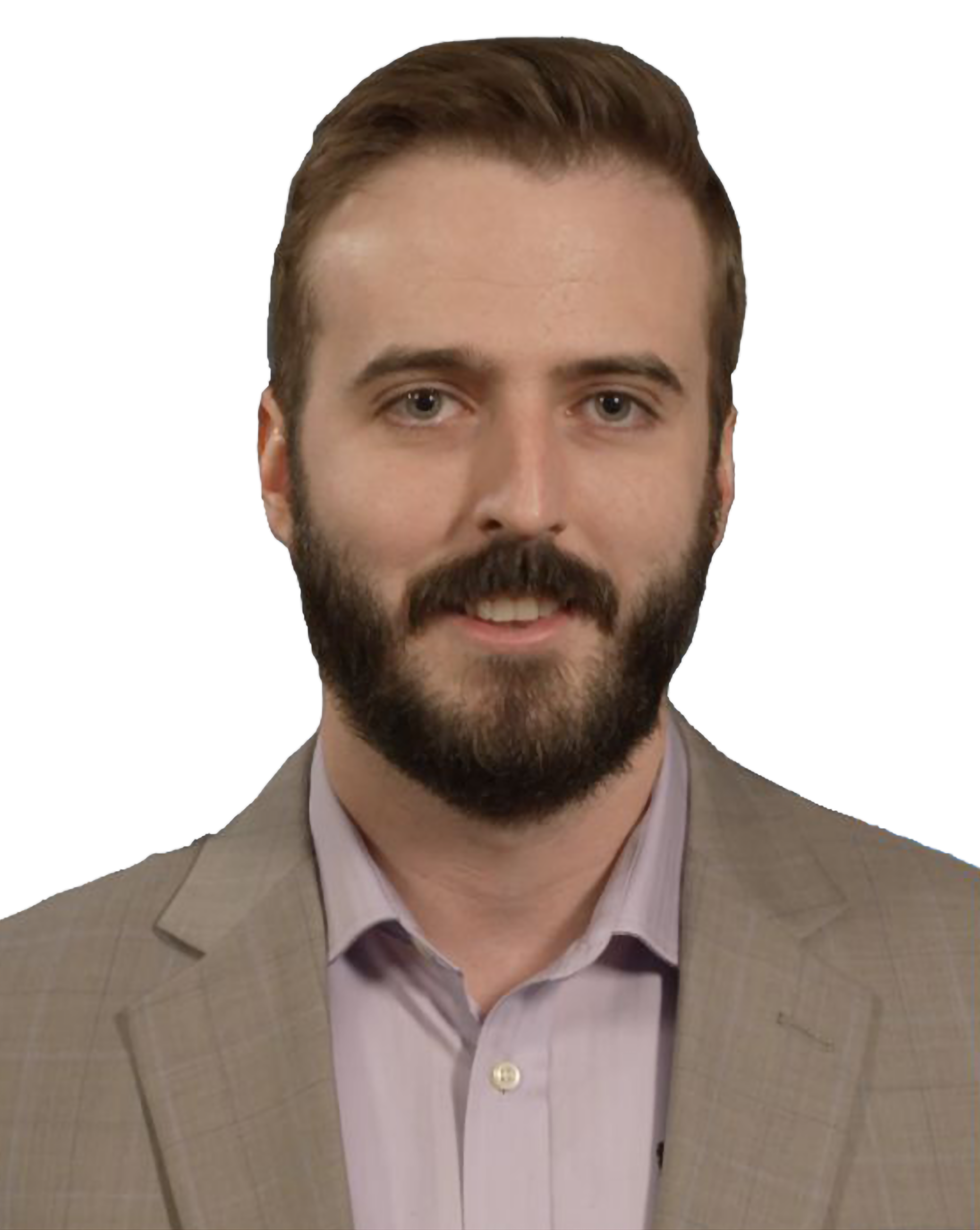 Close-up of a man with brown hair, beard, wearing a beige plaid blazer, light pink shirt, and a dark tie, smiling
