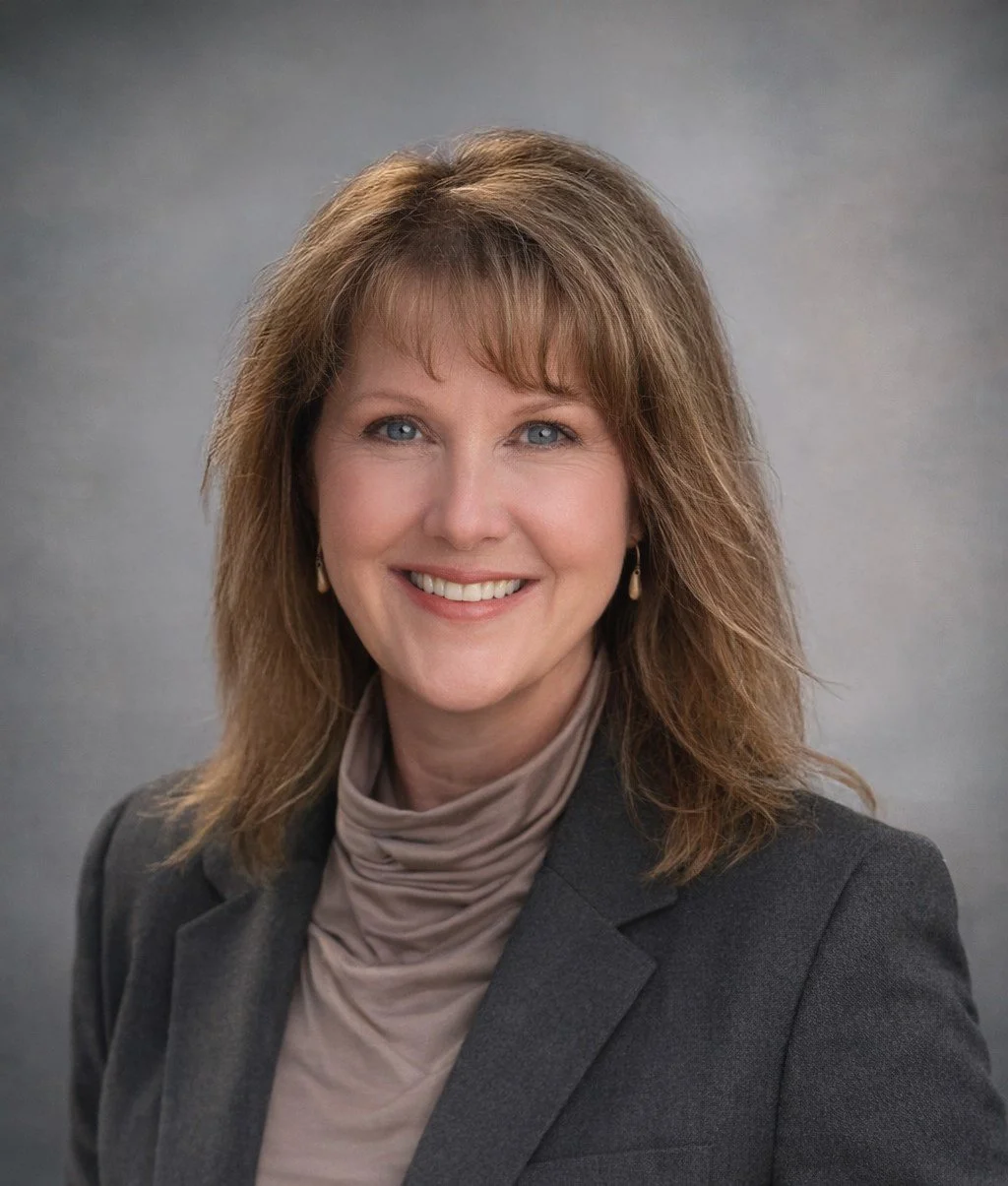 Professional woman with shoulder-length wavy hair, smiling, wearing a dark blazer and a light-colored turtleneck, against a neutral grey background.
