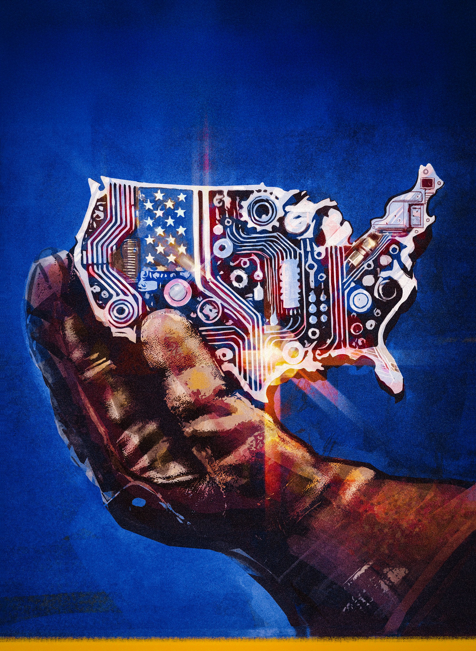 An illustration of a human hand holding a circuit board designed to look like the outline of the United States, with American flag colors and patterns, against a dark blue background.