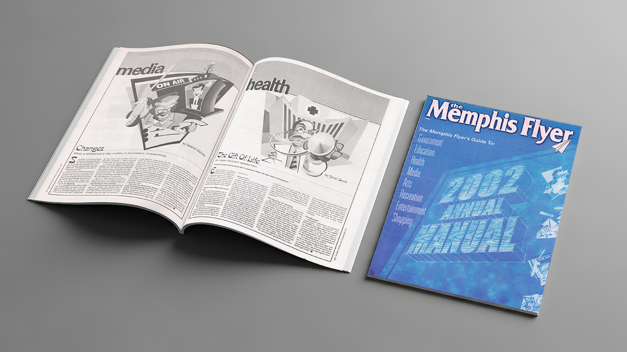 Memphis Flyer 2002 Year-In-Review guide next to an open magazine or newspaper with articles about media and health.