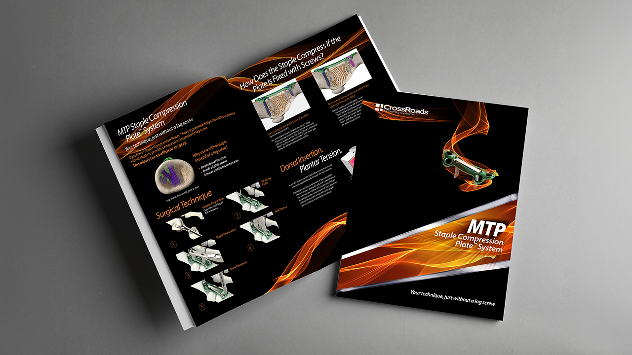 Open brochure titled "MTP Staple Compression Plate System" with black and orange design, showing images of surgical tools and techniques on a gray background.