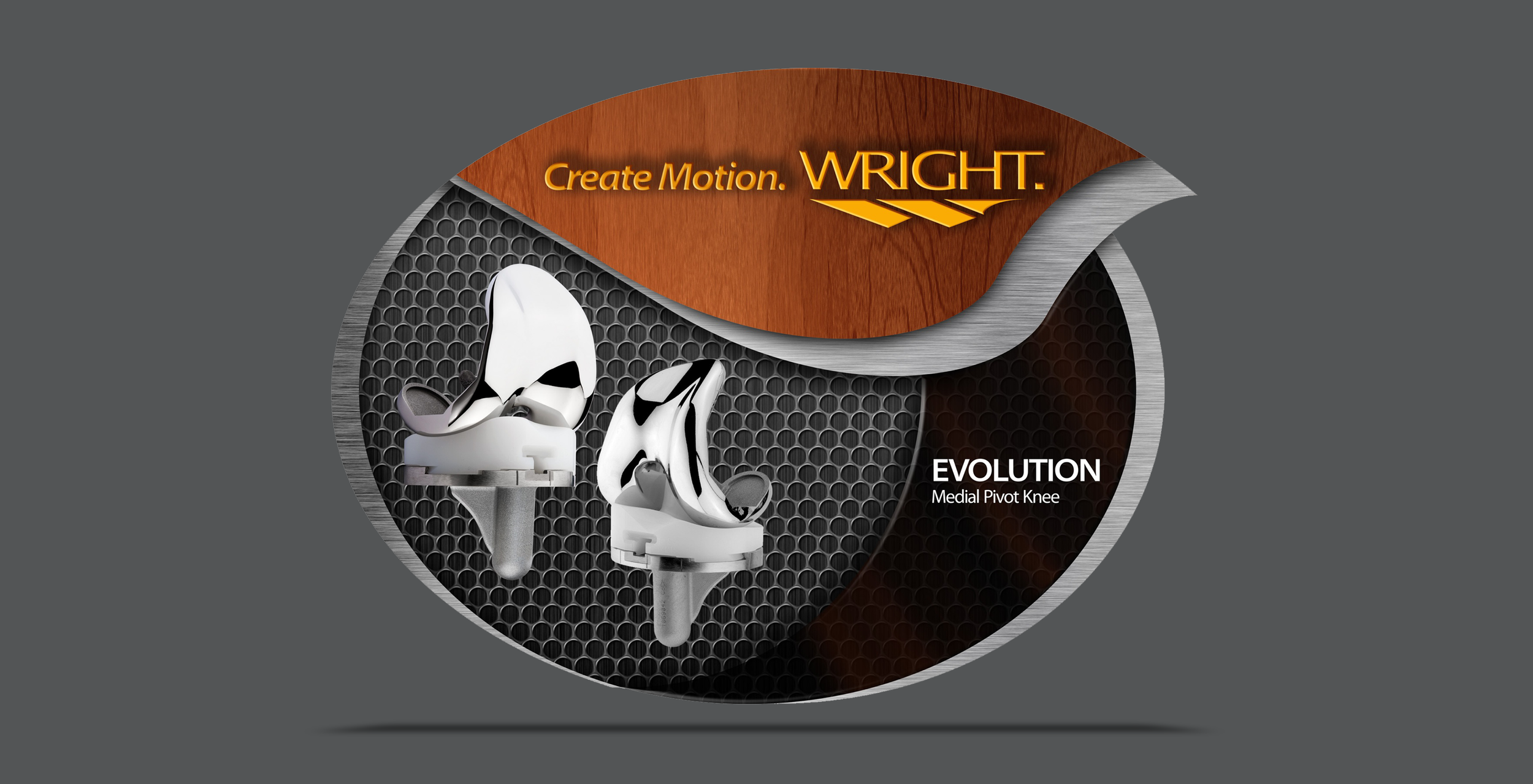 Packaging for WRIGHT Evolution Medial Pivot Knee prosthetic with a wooden and metallic design and images of the knee prosthetic component.