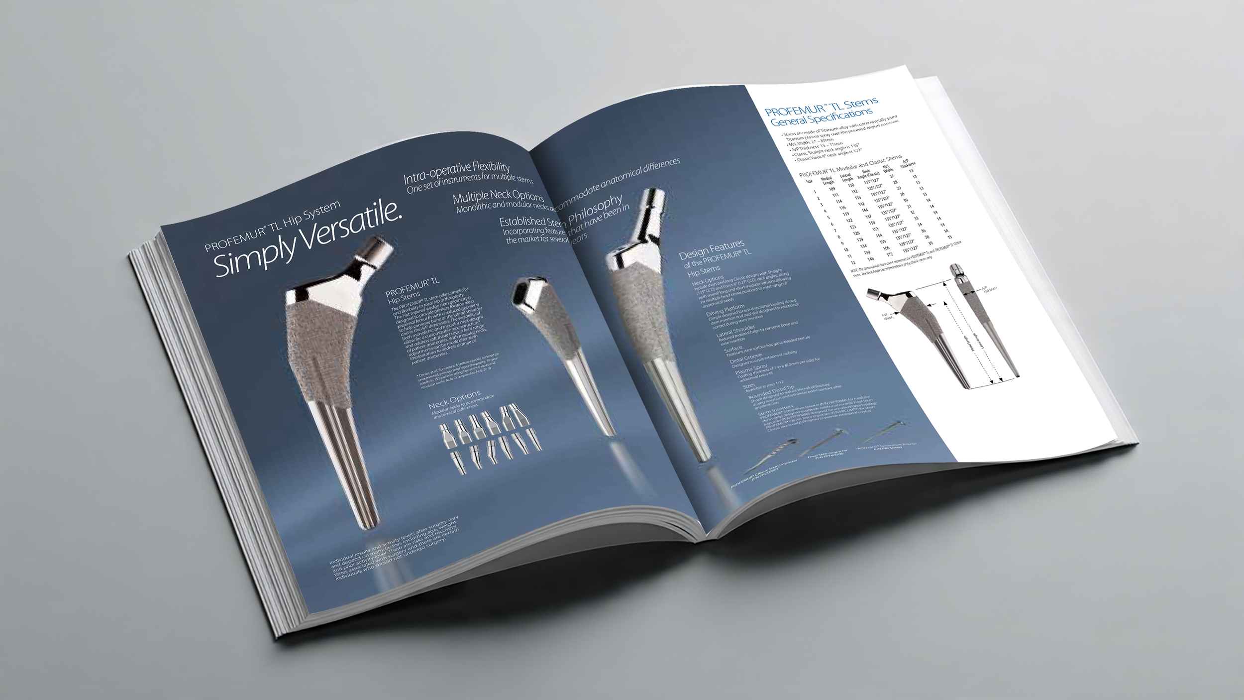 Open magazine displaying a two-page spread about PROFEMUR TL Hip System, featuring images of orthopedic surgical instruments and detailed specifications.