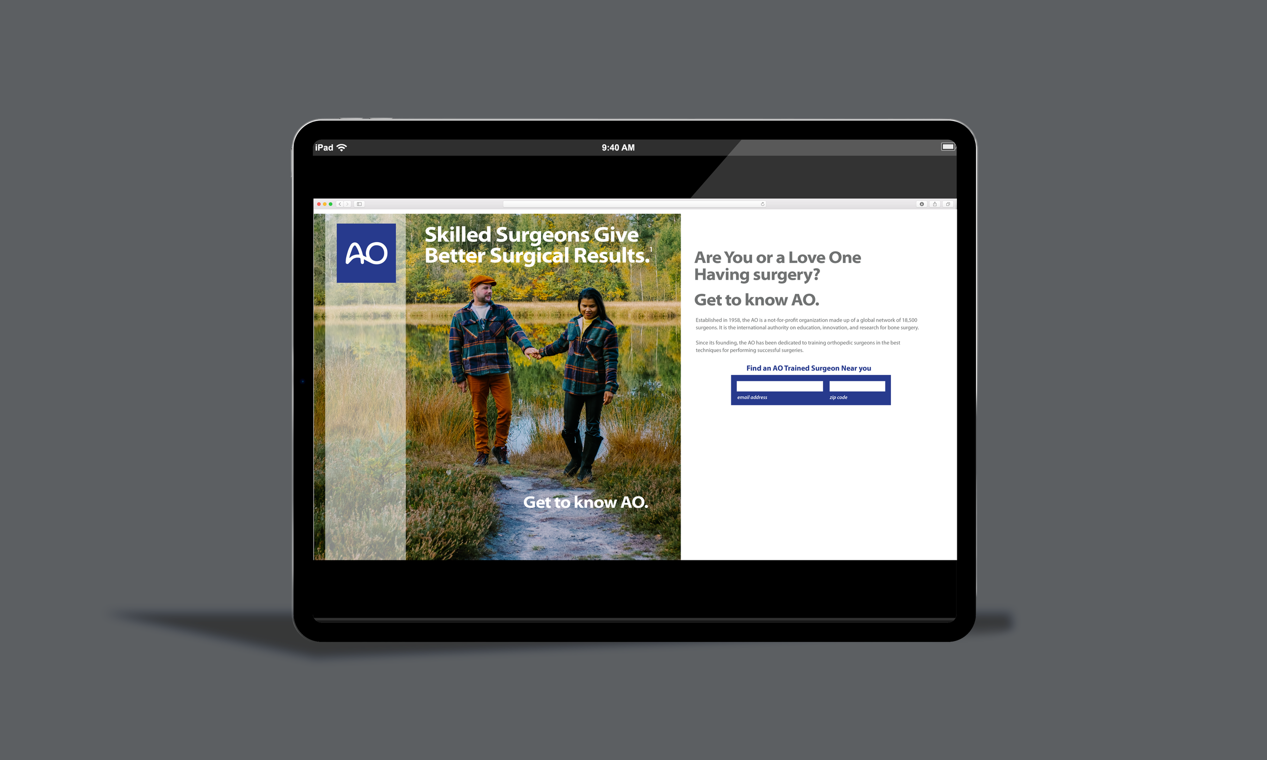 A computer screen displaying a webpage for a medical organization called AO, featuring an image of two people holding hands walking in a natural outdoor setting with trees and a river, with texts about surgery and finding a trained surgeon.