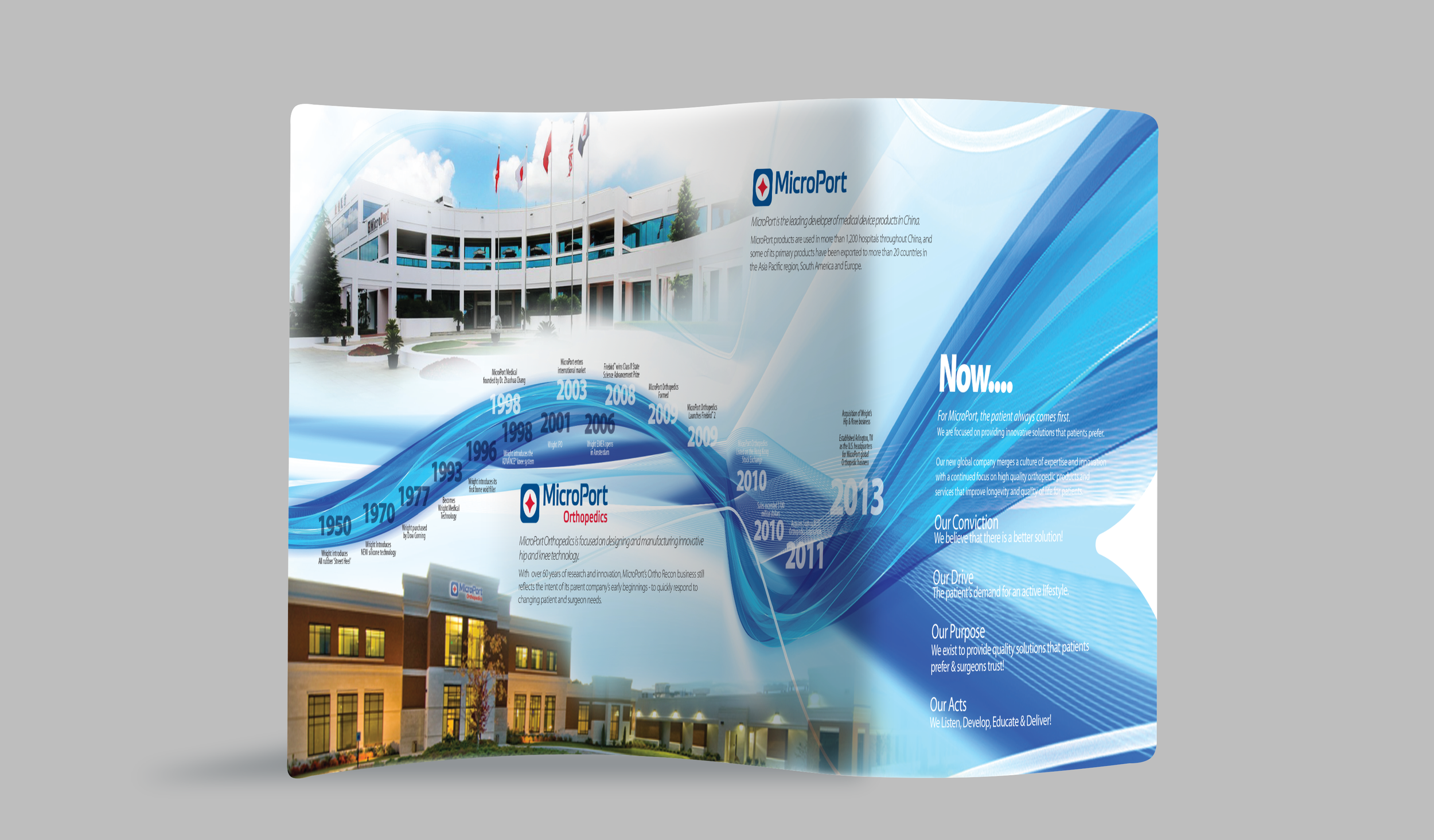 Brochure of MicroPort Orthopedics displaying a timeline of the company's history from 1950 to 2013, with images of their facilities and information about their products and mission.