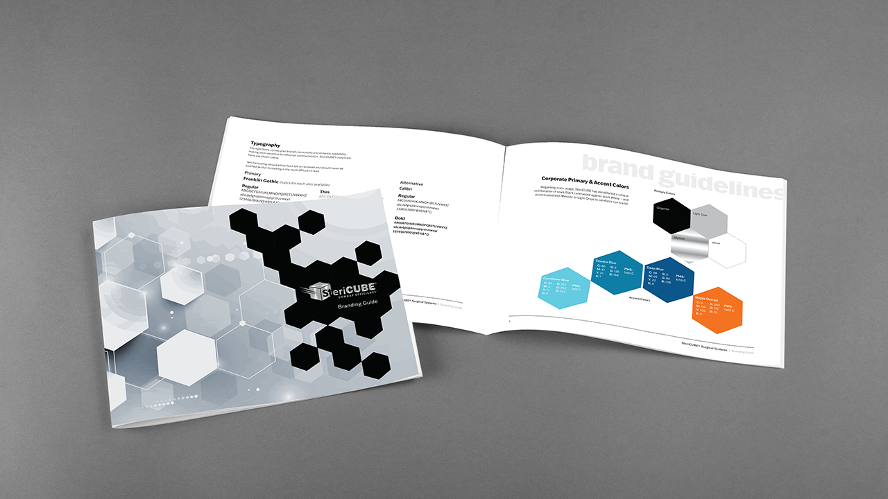 Open branding guide booklet with hexagon graphic design on the cover and color scheme details inside.