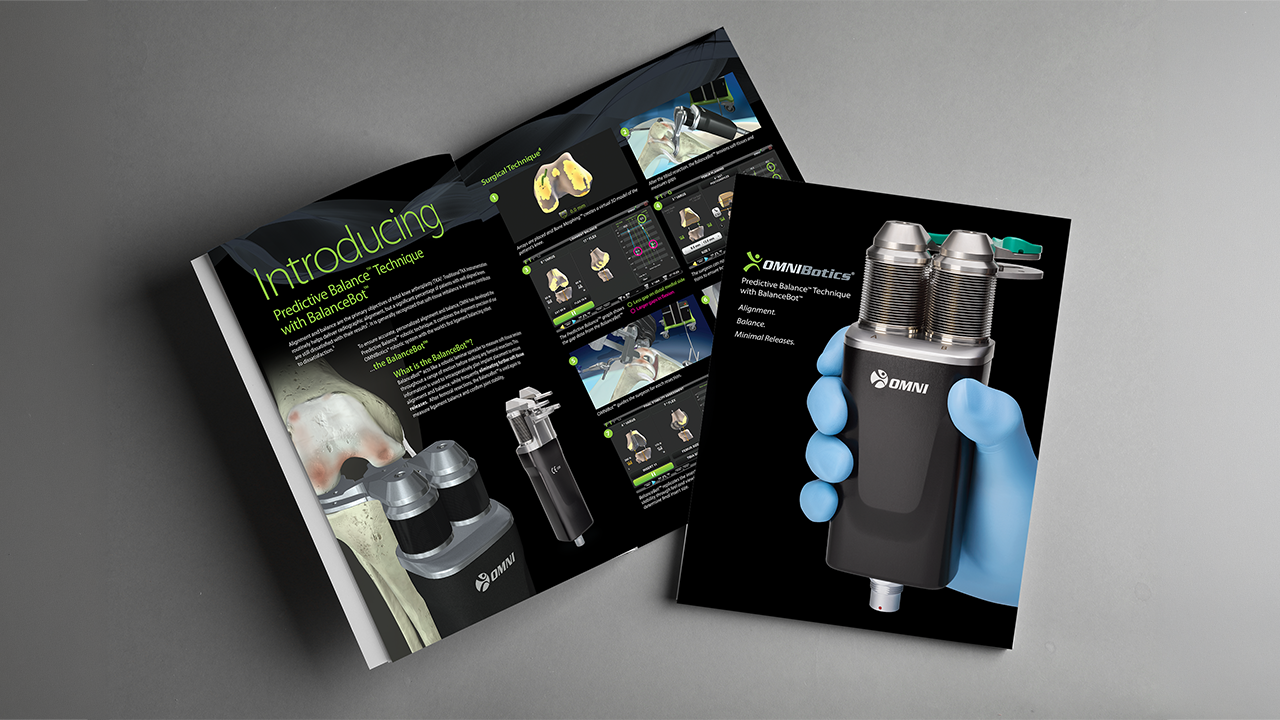 Brochure and flyer displaying OMNI Otobotics Predictive Balance Technique device with a hand in a glove holding the device, showing its features and application in medical procedures.