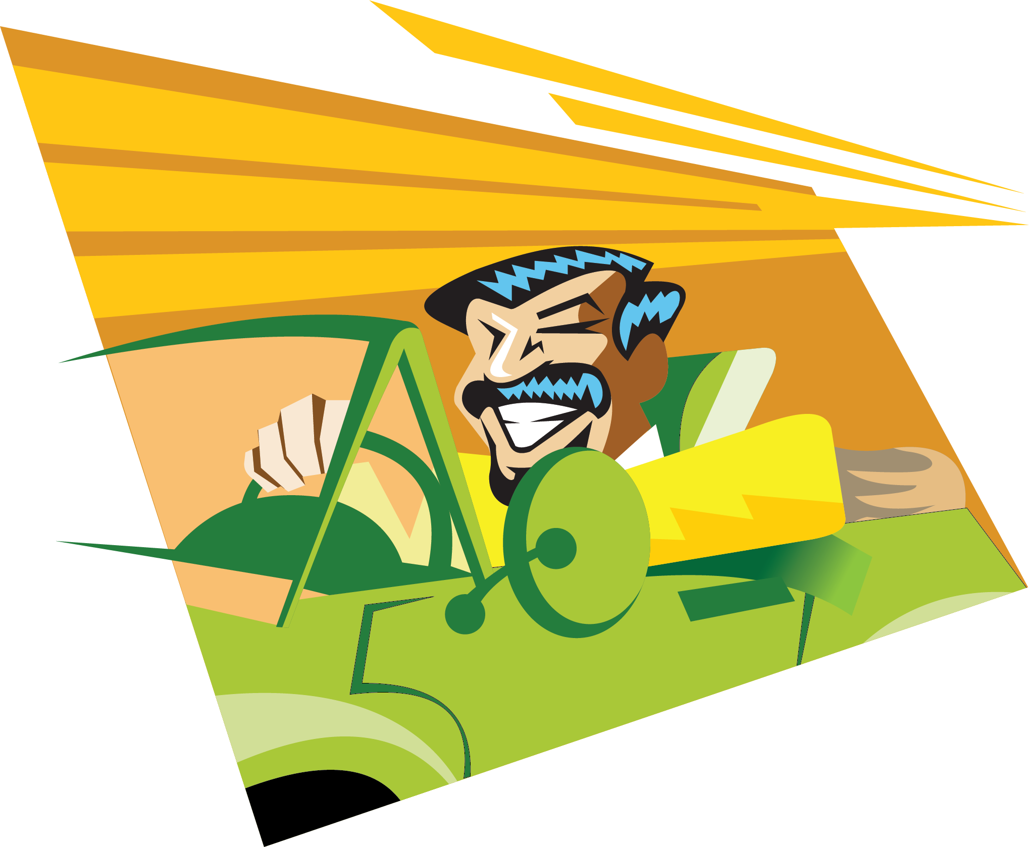 A cartoon illustration of a man with a beard and short dark hair, wearing a green shirt, sitting in a car with yellow seats, looking frustrated or angry.