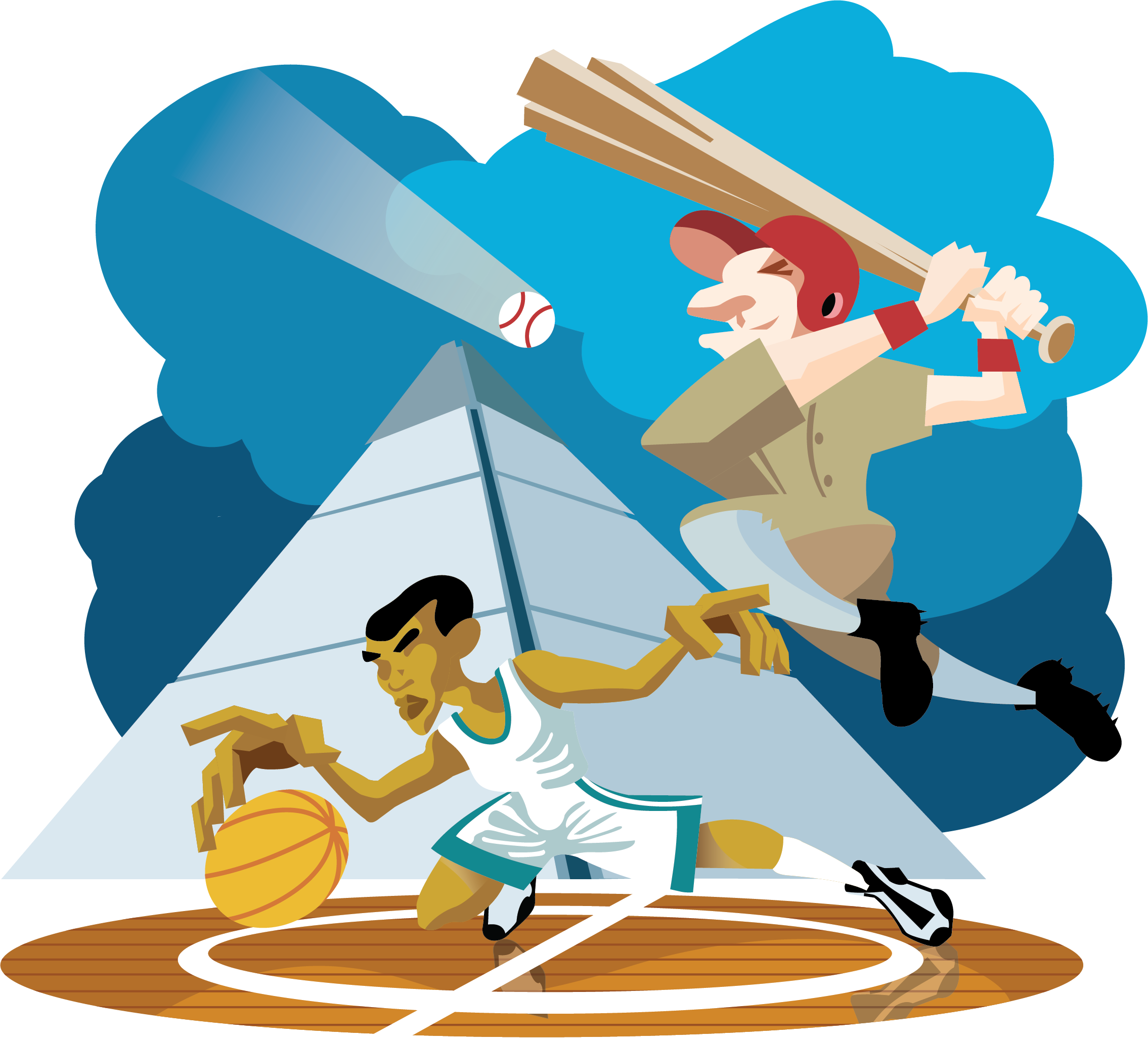 Cartoon illustration of a baseball player swinging a bat at a ball on a baseball field.