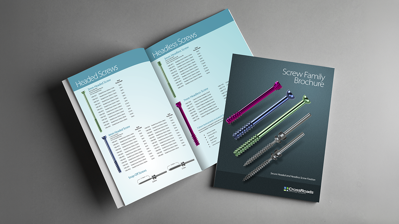 Brochure and booklet showing various types of screws, including headless and headed screws, with colorful images of the screws on the cover and detailed specifications inside.