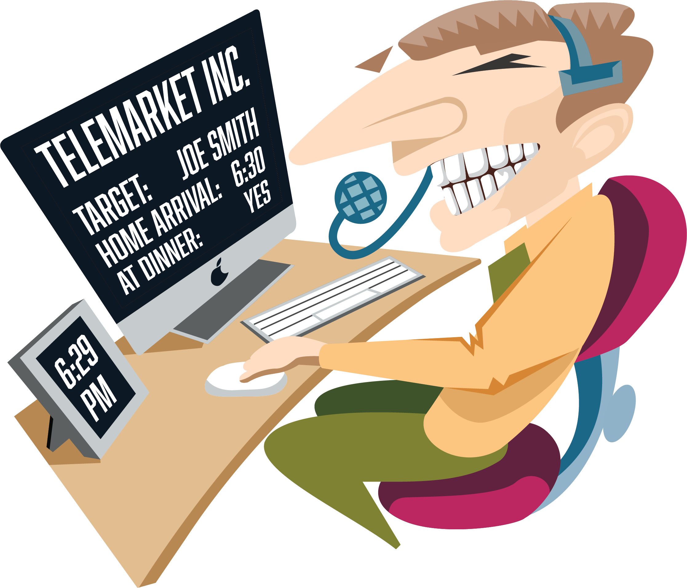 A cartoon illustration of a person with a hearing aid, smiling at a computer displaying a telemarketing script for a call at 6:29 PM.