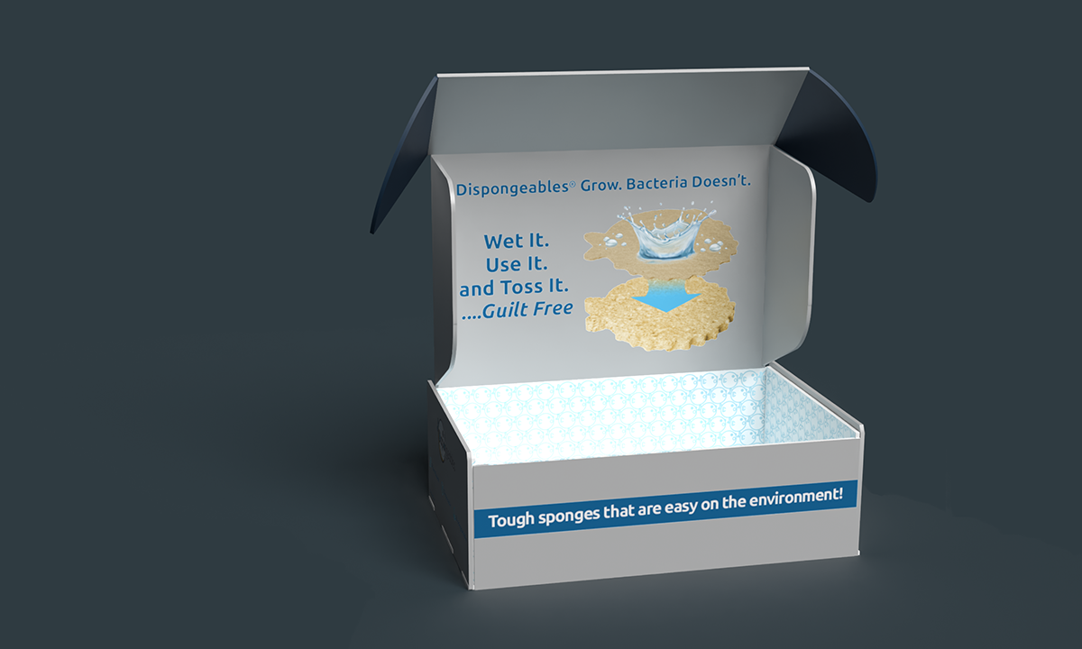 Open box containing environmentally friendly cleaning sponges with a message promoting their reuse and environmental benefits.