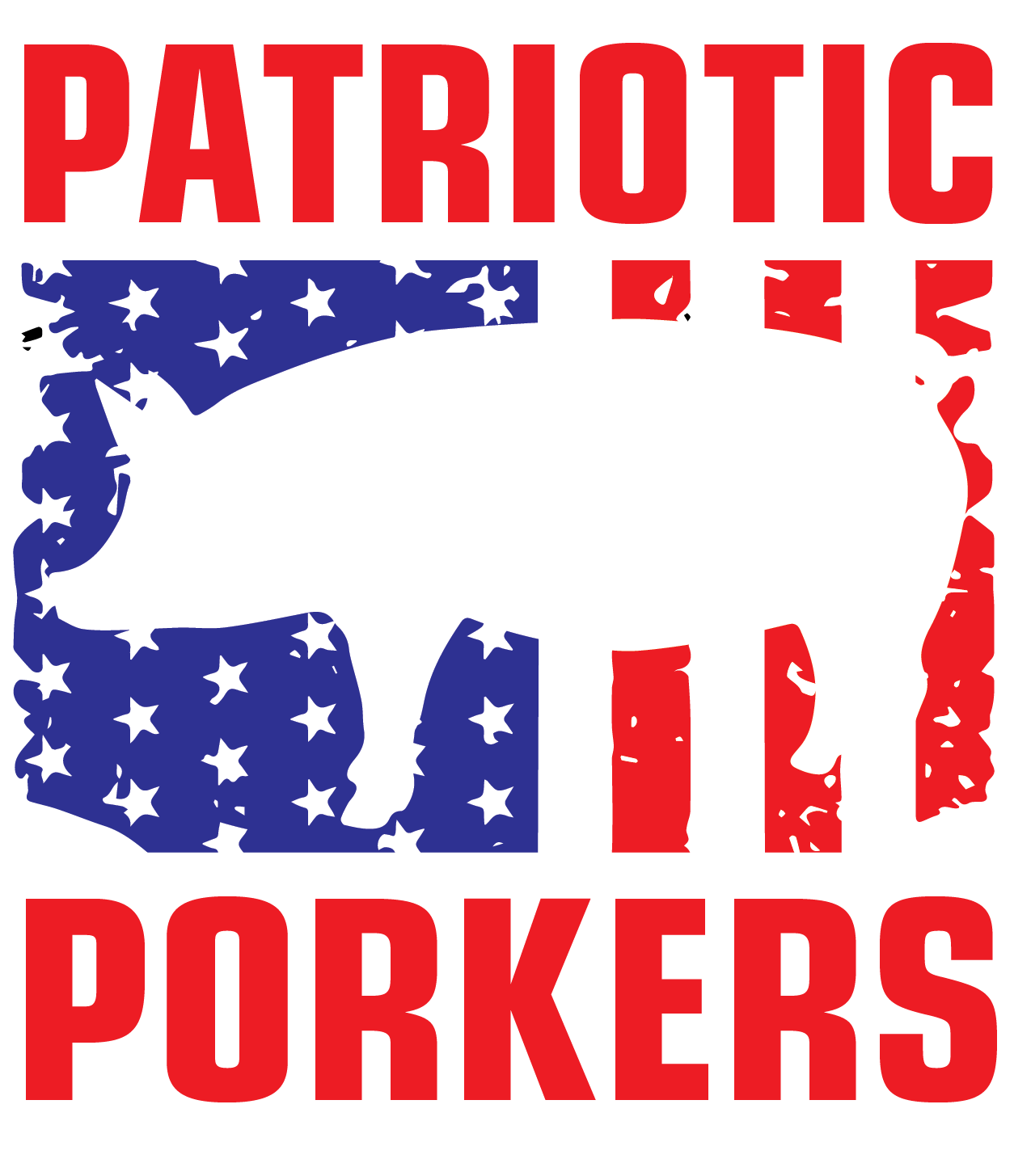 Patriotic background with red, white, and blue colors, featuring a large stylized American flag shape and bold text reading 'Patriotic Porkers'.