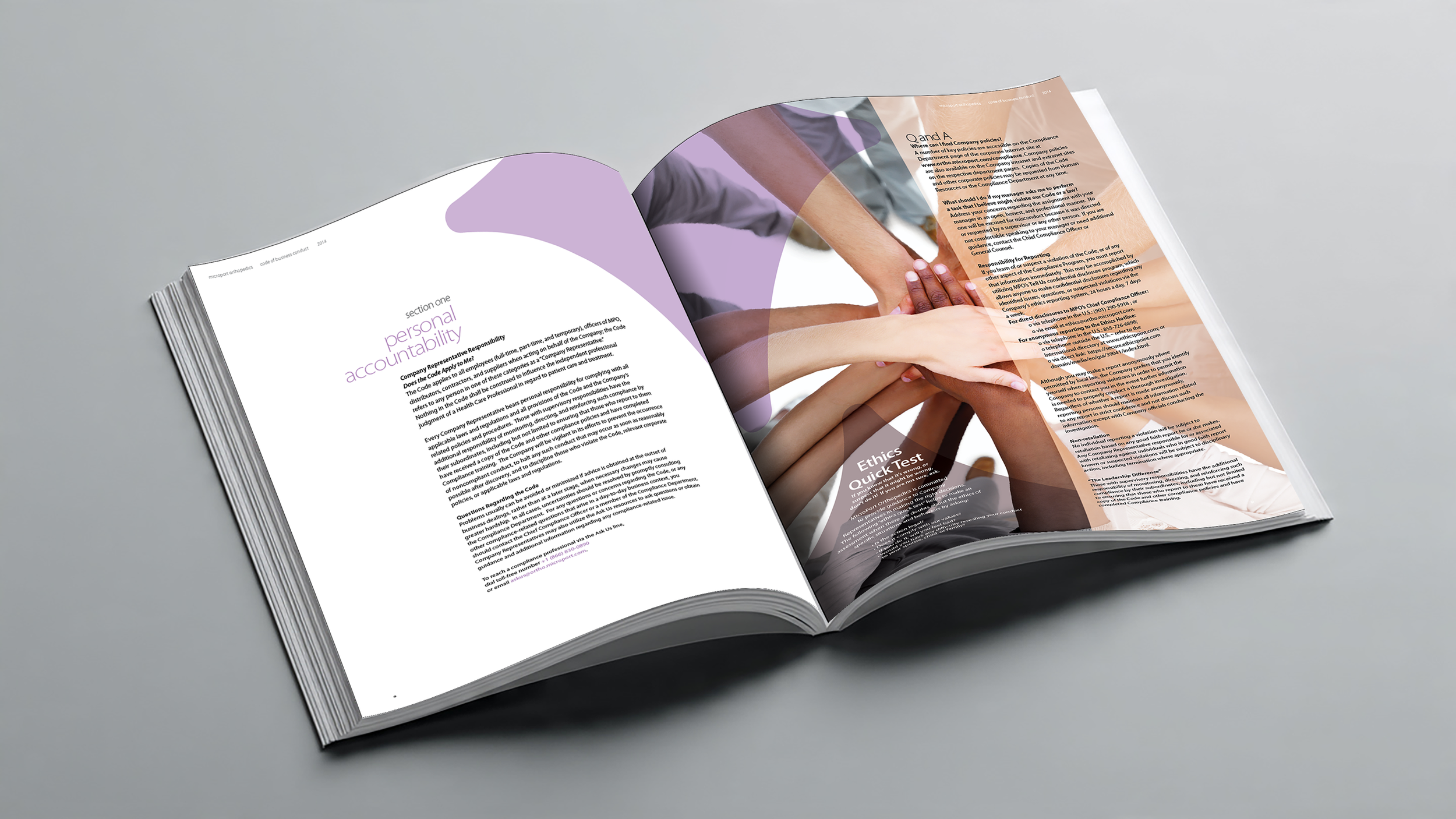 Open magazine showing articles about personal accountability and ethics, featuring a photo of multiple hands stacked together.