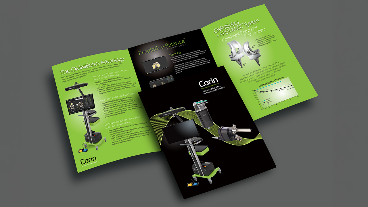 Tri-fold brochure showcasing medical robotic technology with green and black color theme, diagrams, and text about the OMNIBotics system and its benefits.