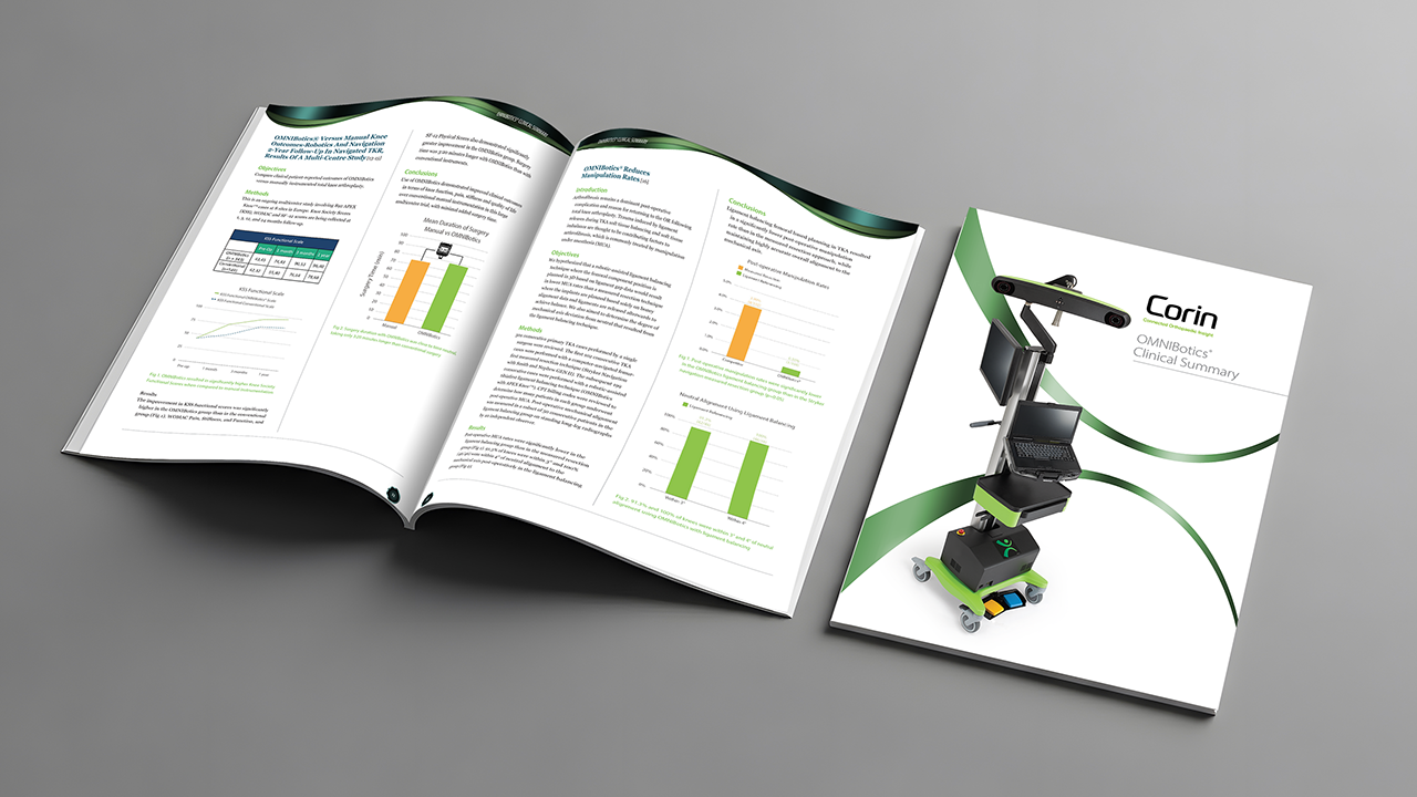 Open booklet and a closed booklet titled 'Corin OMNIBotics Clinical Summary' showing a robotic surgical cart on the cover.