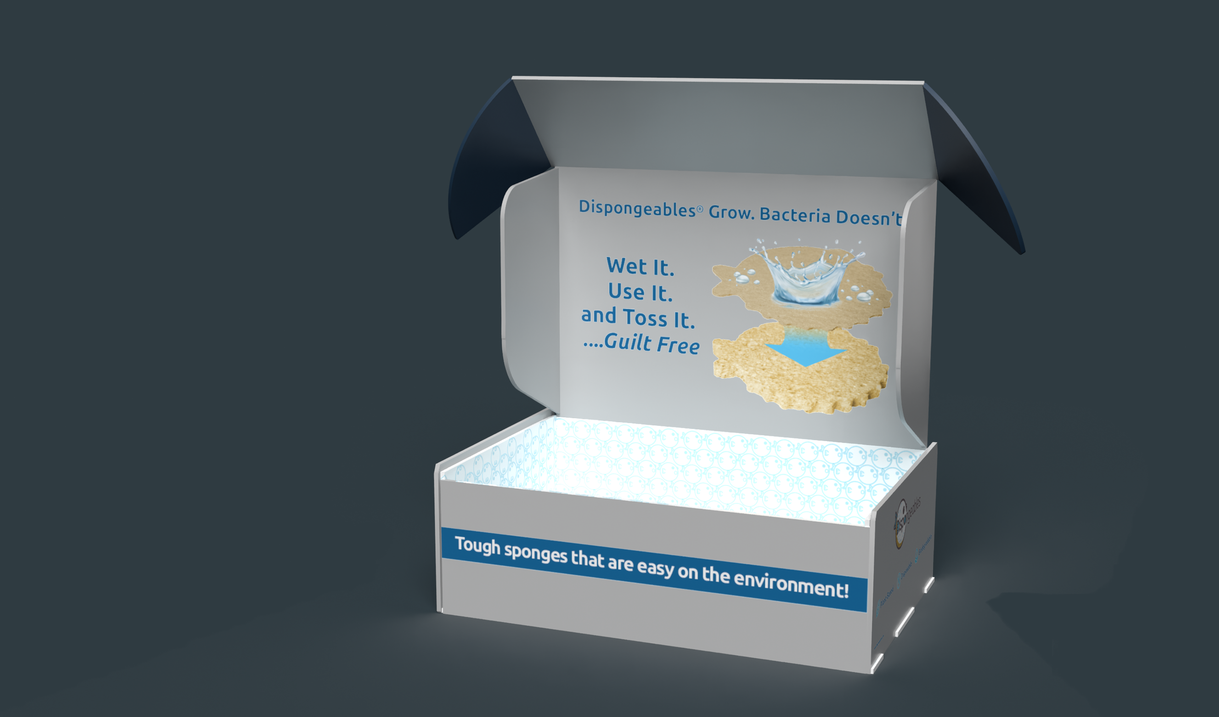 A display box with promotional text about disposable grow bacteria-free sponges, showing an illustration of a sponge being wetted and tossed, along with a blue water splash. The background is dark, and the box features blue and white design elements.