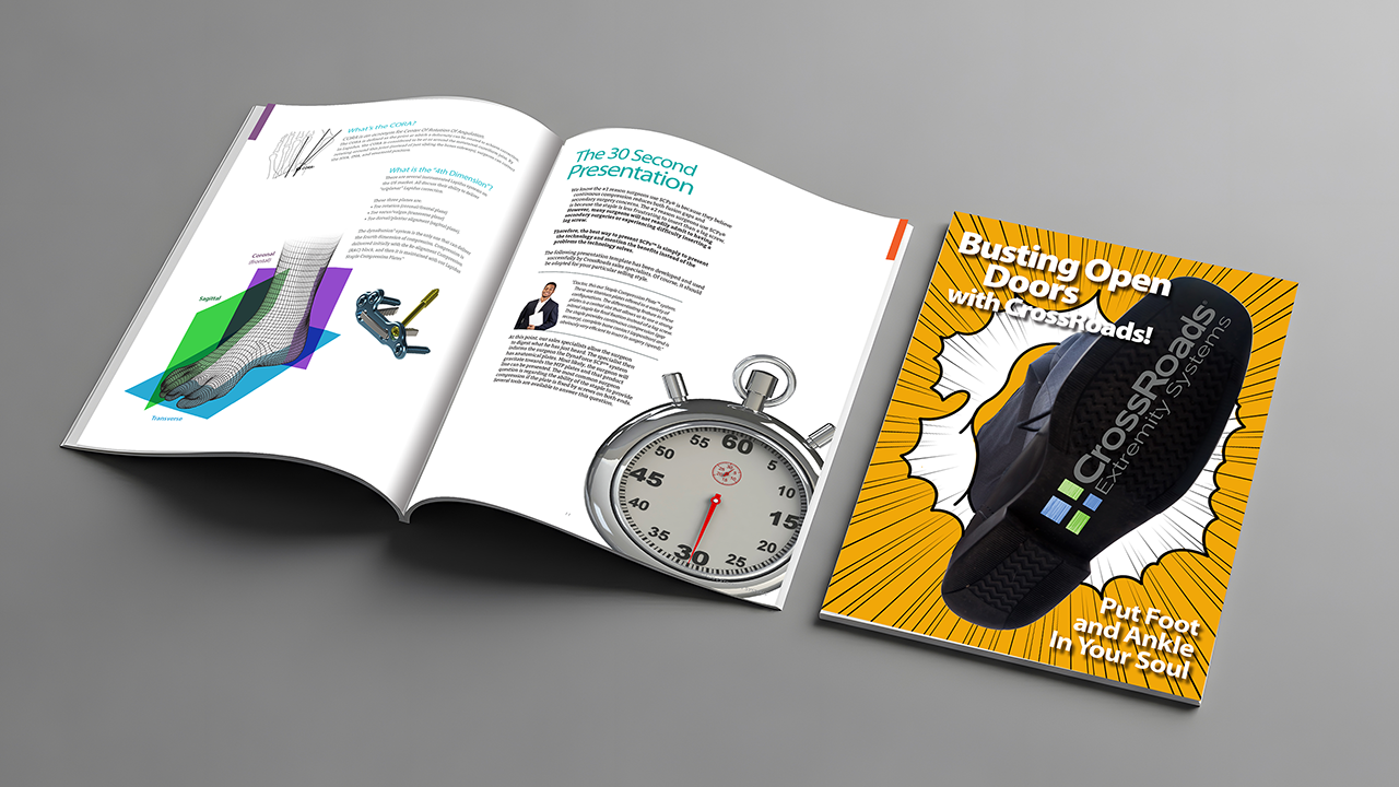 Open magazine with technical diagrams and a stopwatch, next to a colorful pamphlet titled "Busting Open Doors with Crossroads!" featuring a shoe and the subtitle "Put Foot and Ankle in Your Soul" on a gray surface.