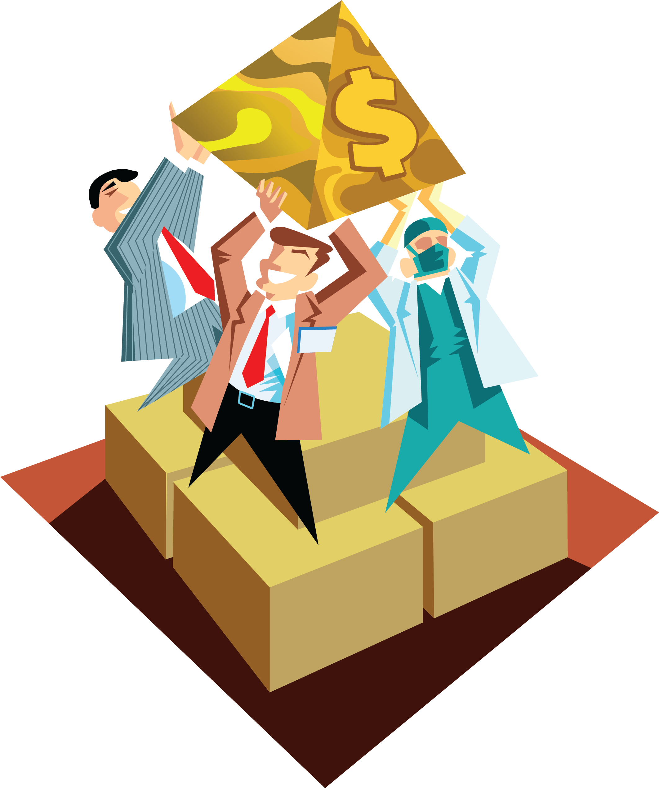 Illustration of a group of people working together to build or solve a problem, with a large dollar sign at the center, symbolizing teamwork and financial success.