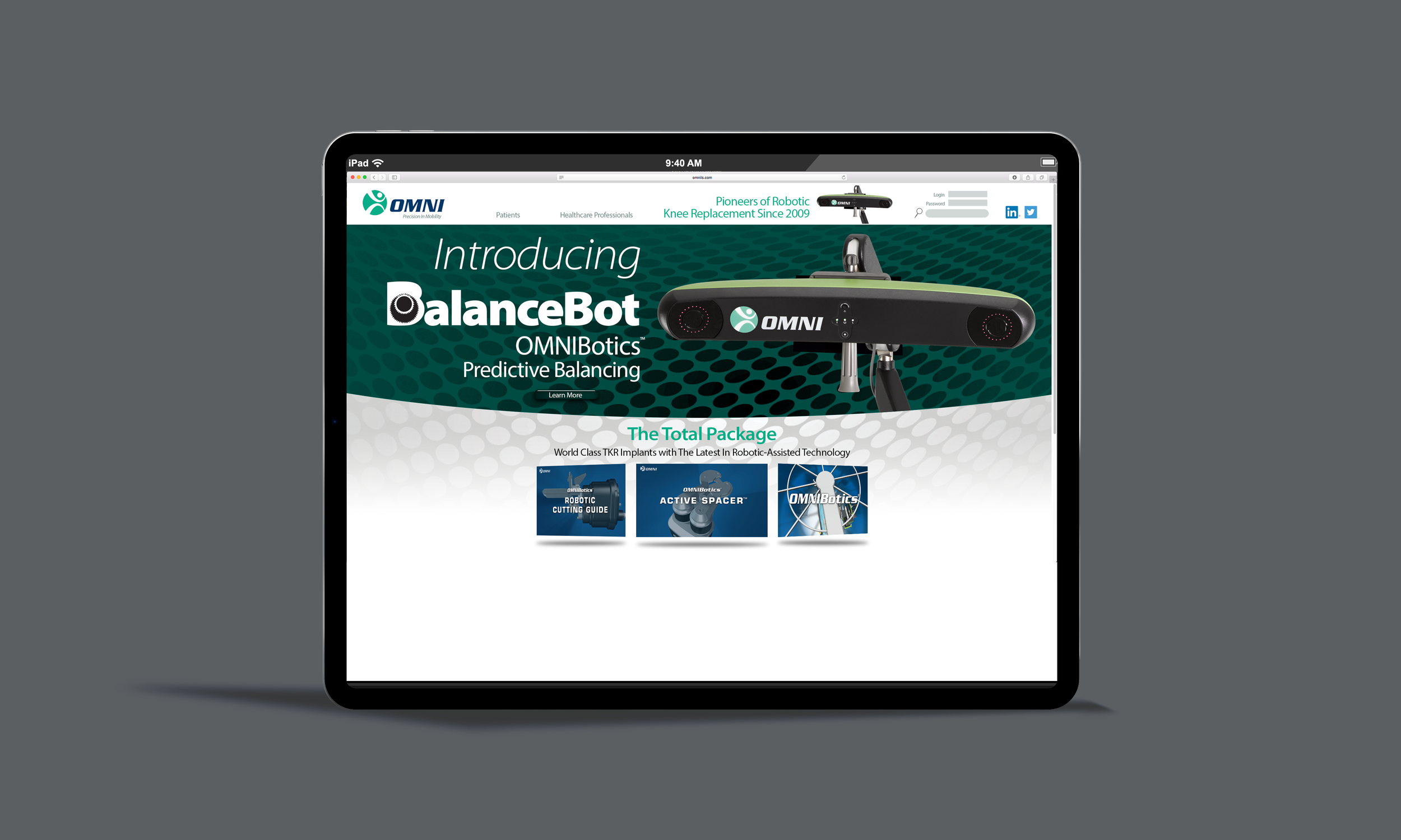 Tablet displaying a webpage for OMNI, showcasing the BalanceBot robotic device for predictive balancing, with text and product images on the screen.