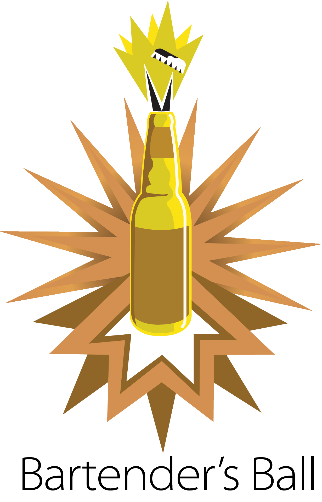 Cartoon depiction of a beverage bottle, possibly beer, with an explosion effect in the background and the word "Bam" below it.