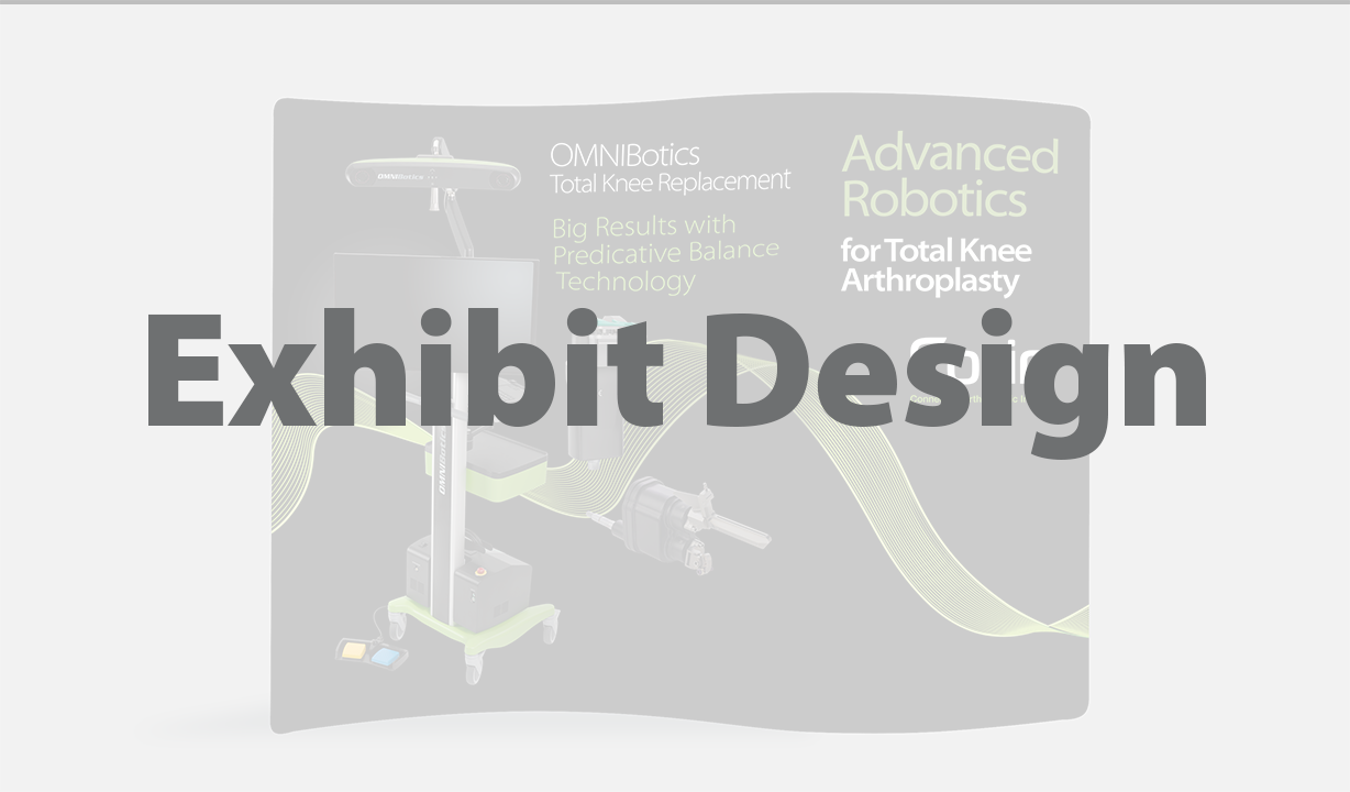 Exhibit poster showcasing advanced robotics for total knee arthroplasty, featuring a robotic system with a robotic arm, a foot pedal, and additional components, with the text 'OMNIBotics, Total Knee Replacement, Big Results with Predictive Balance Technology'.