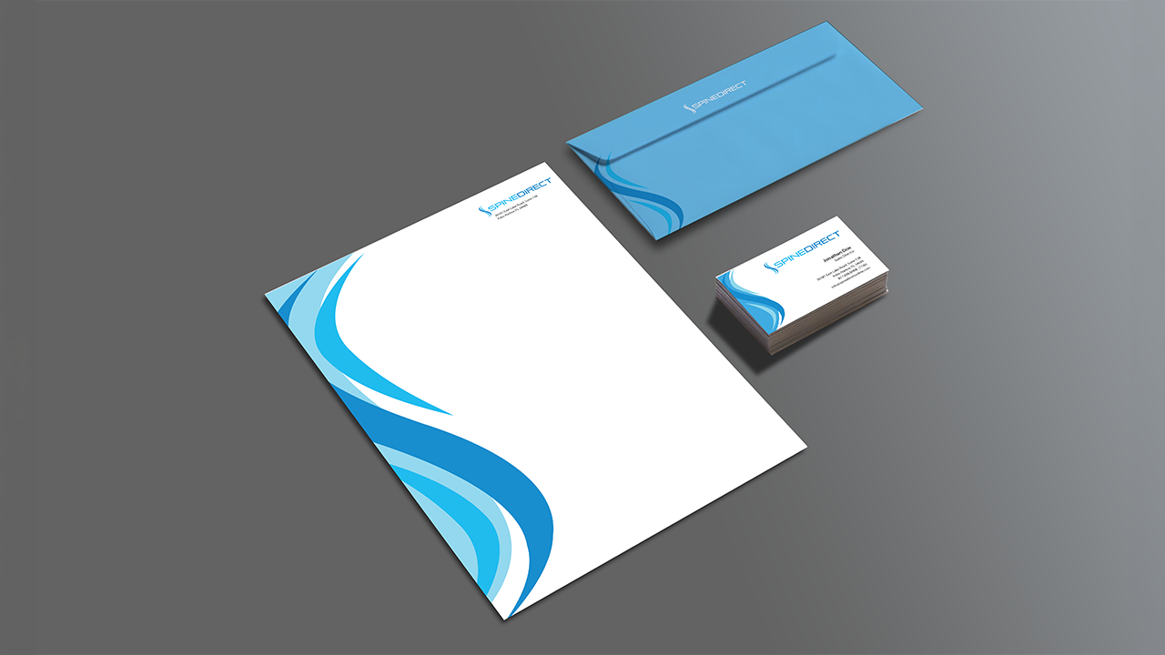 Business stationery including letterhead, envelope, and stack of business cards with a blue and white design for 'SpineDirect' on a gray background.