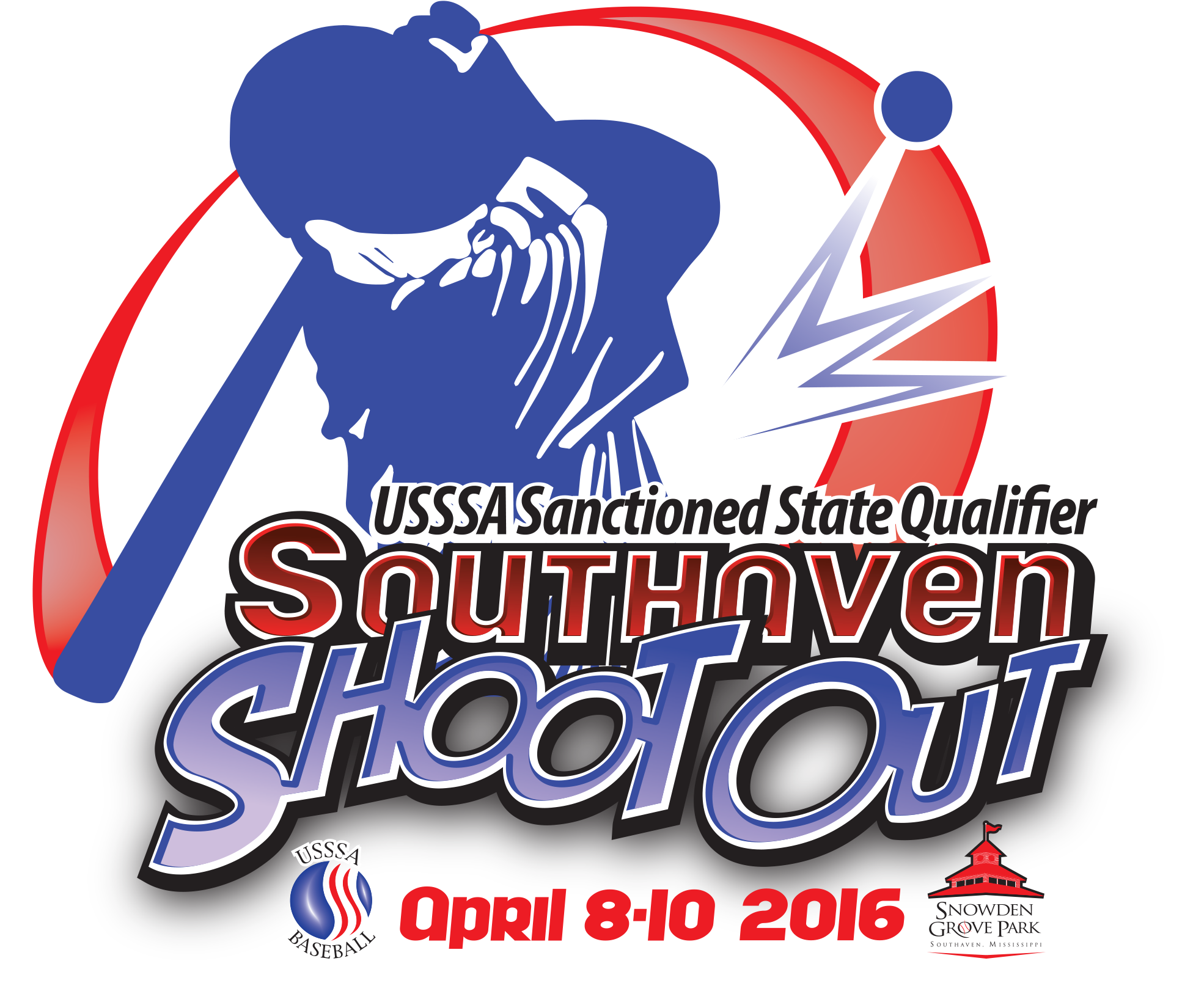 The image features a logo for USSSA Sanctioned State Qualifier Southoven, with a stylized bird and a mountain or peak, along with text indicating the event's location and date, and a red pagoda-like structure.