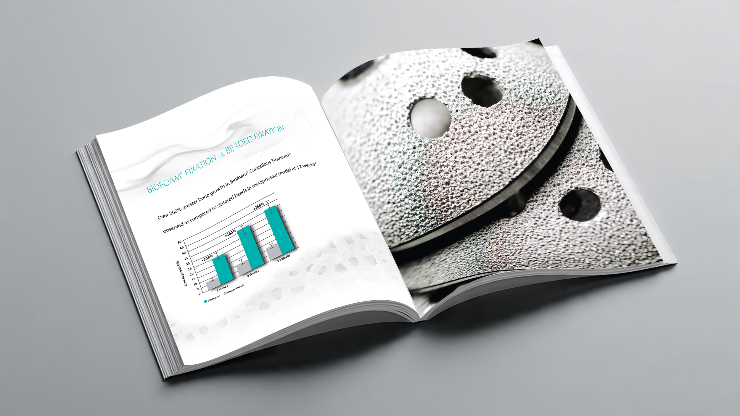 Open magazine featuring a close-up image of a metallic grinding wheel and a page with a graph showing data comparisons.