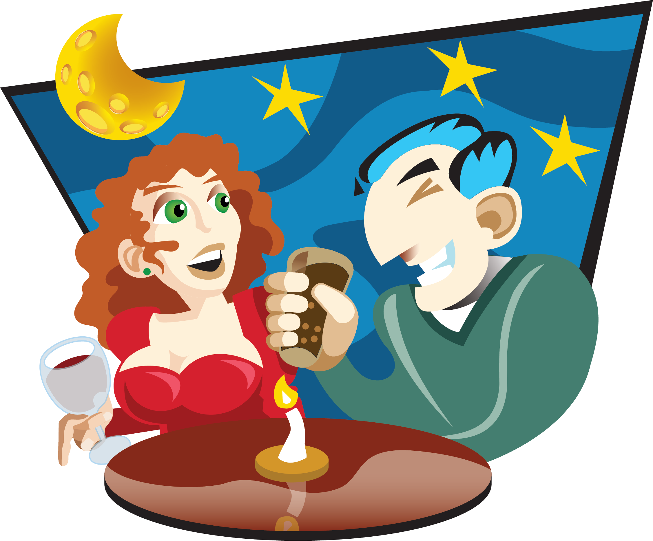 Cartoon illustration of a woman and a man enjoying drinks at a table in a starry night setting with a moon in the sky.