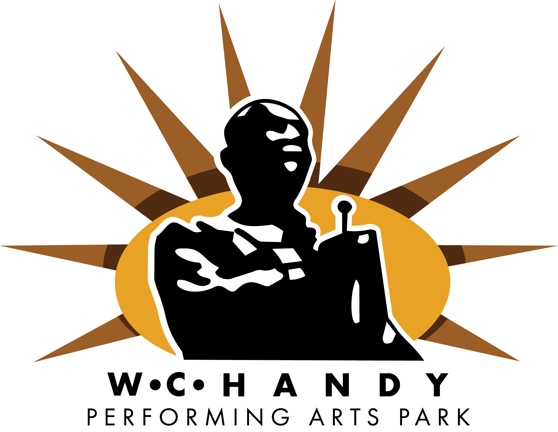 A stylized graphic of a person raising their hands, with a background of sun rays and an oval shape.