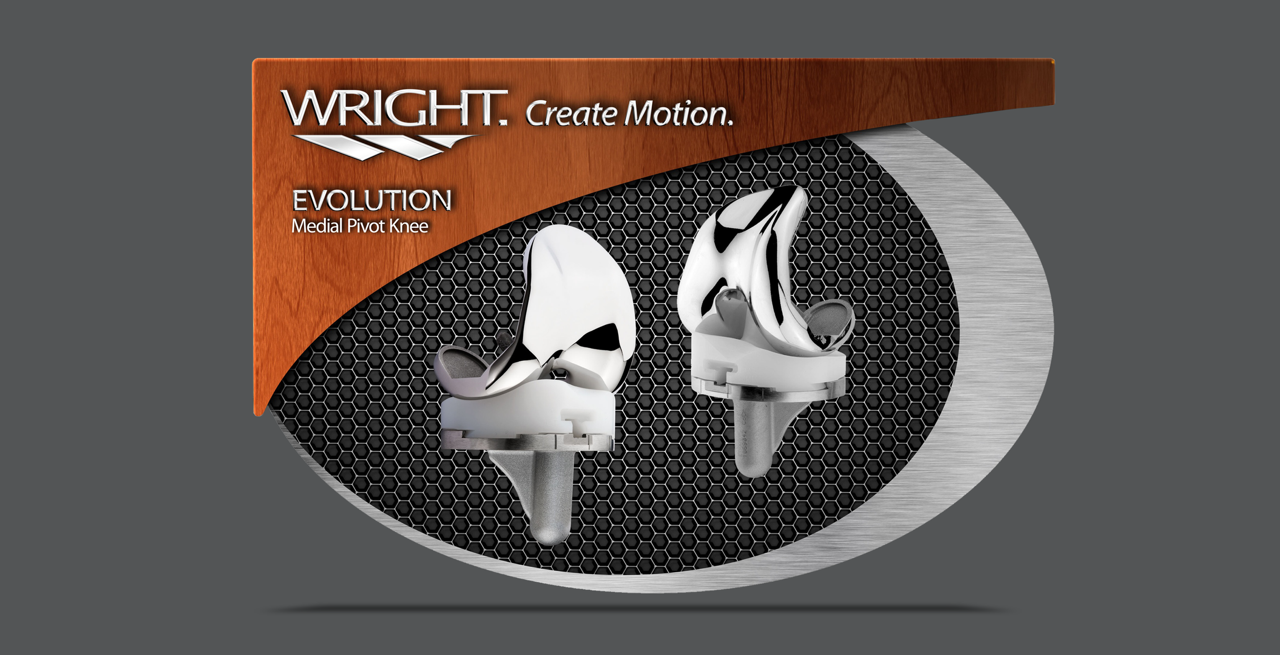 Packaging for Wright Evolution Medial Pivot Knee, featuring two metallic knee implant components on a black honeycomb background with a wooden top label.