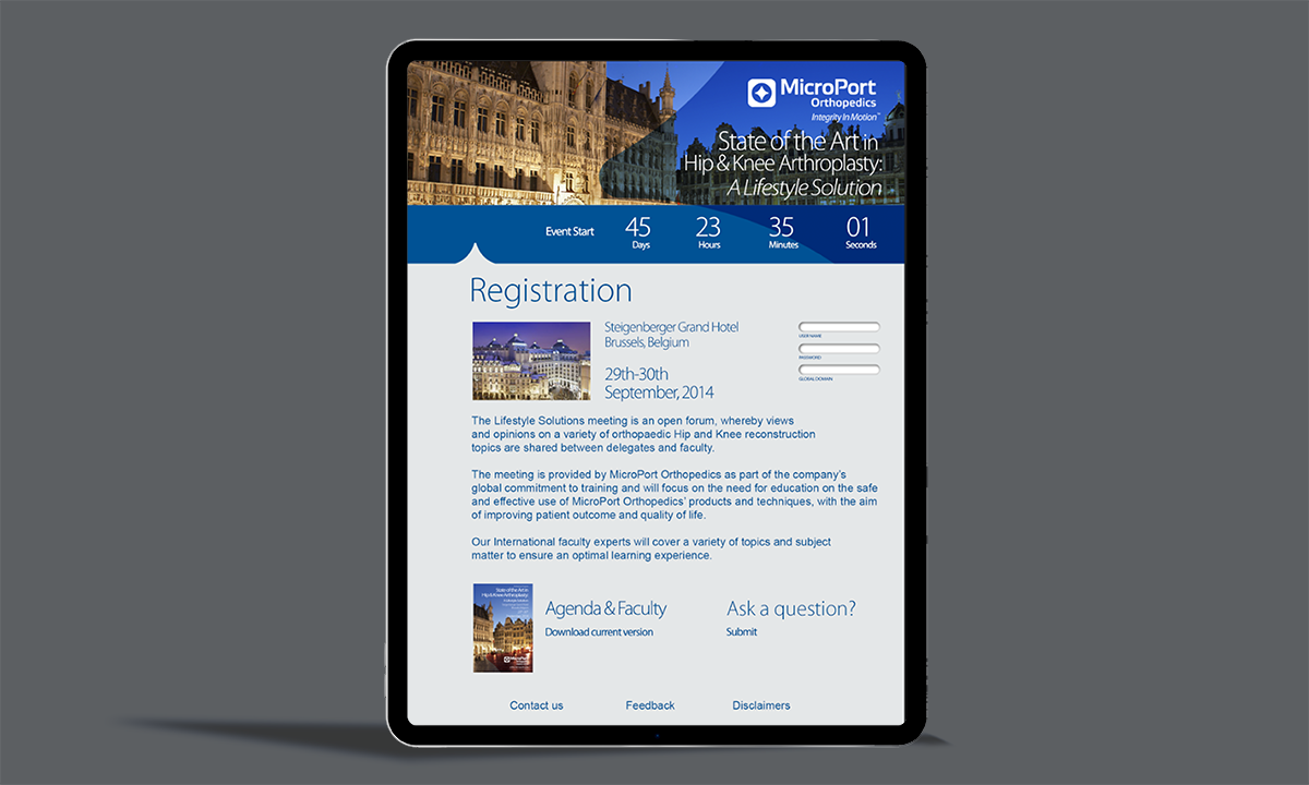Tablet displaying registration page for a MicroPort Orthopedics event in Brussels, Belgium, from September 29th to 30th, 2014, with a countdown timer at the top.