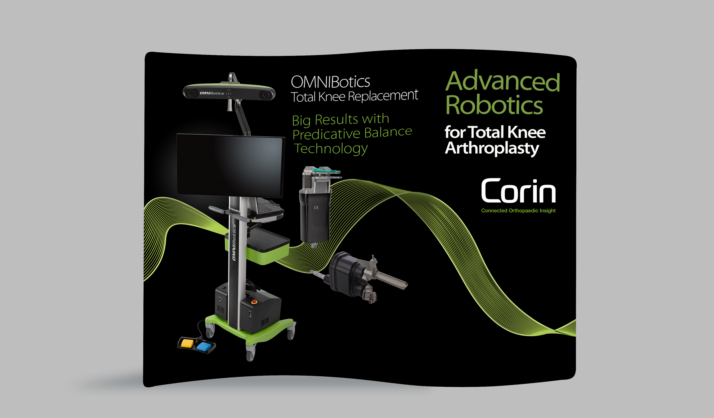 Poster for OMNIBotics advanced robotics for total knee arthroplasty featuring medical robotic equipment and green wave design on a black background.