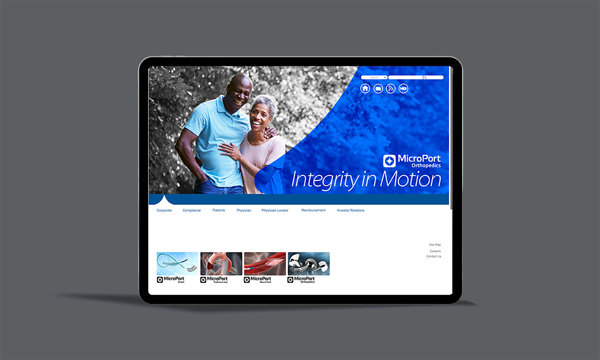 A tablet showing a website for MicroPort Orthopedics with a photo of smiling middle-aged couple and icons for different product categories.