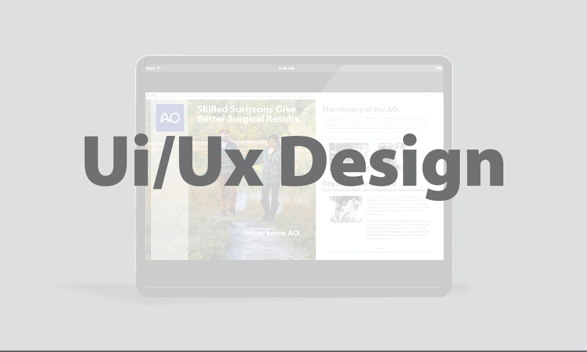 Gray background with a tablet displaying a website about skilled surgeons, with overlay text reading "ui/UX Design".