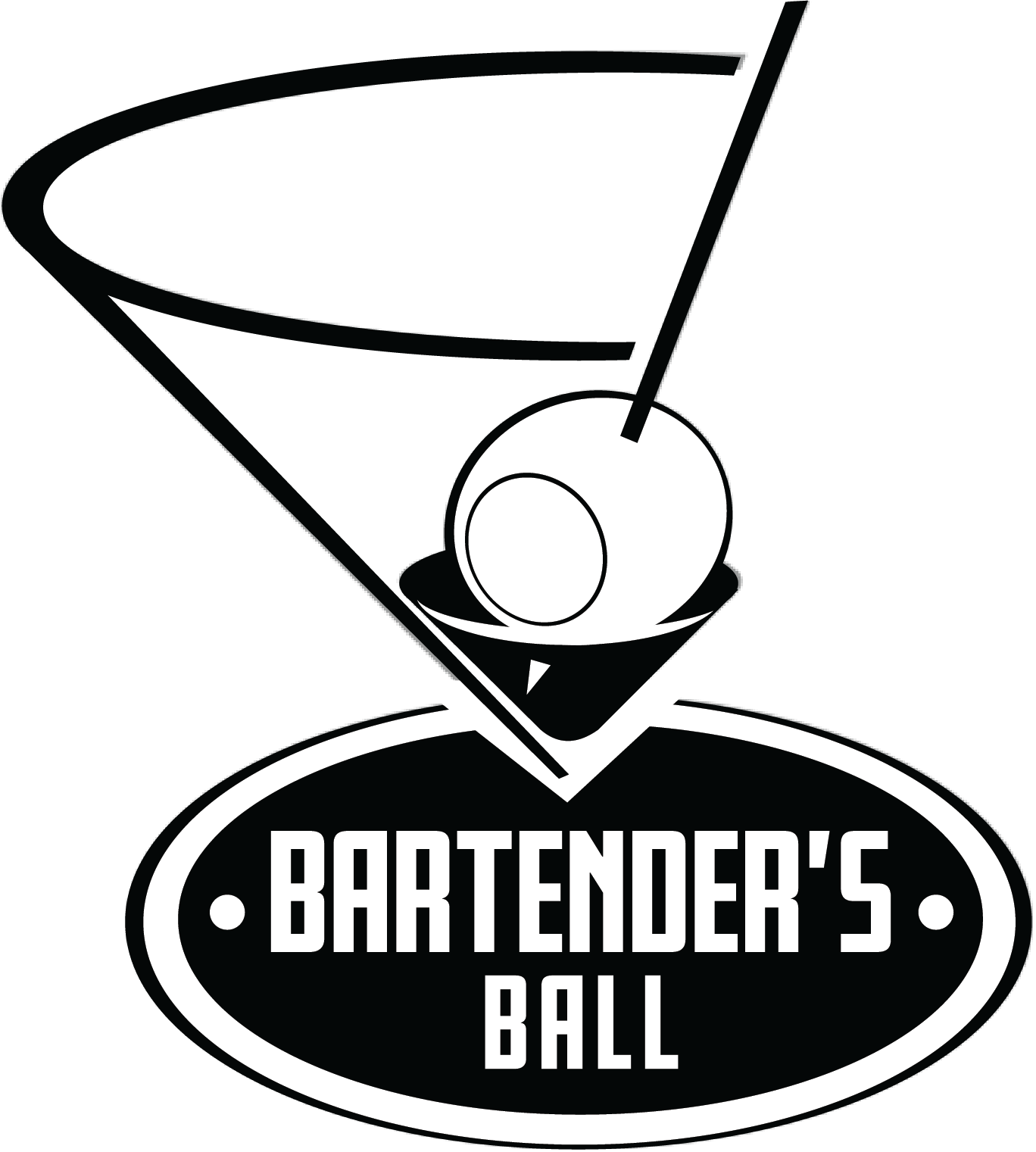 A black and white logo for a bartenders ball featuring a martini glass with a cocktail and an olive, with the text 'Bartender's Ball' underneath.