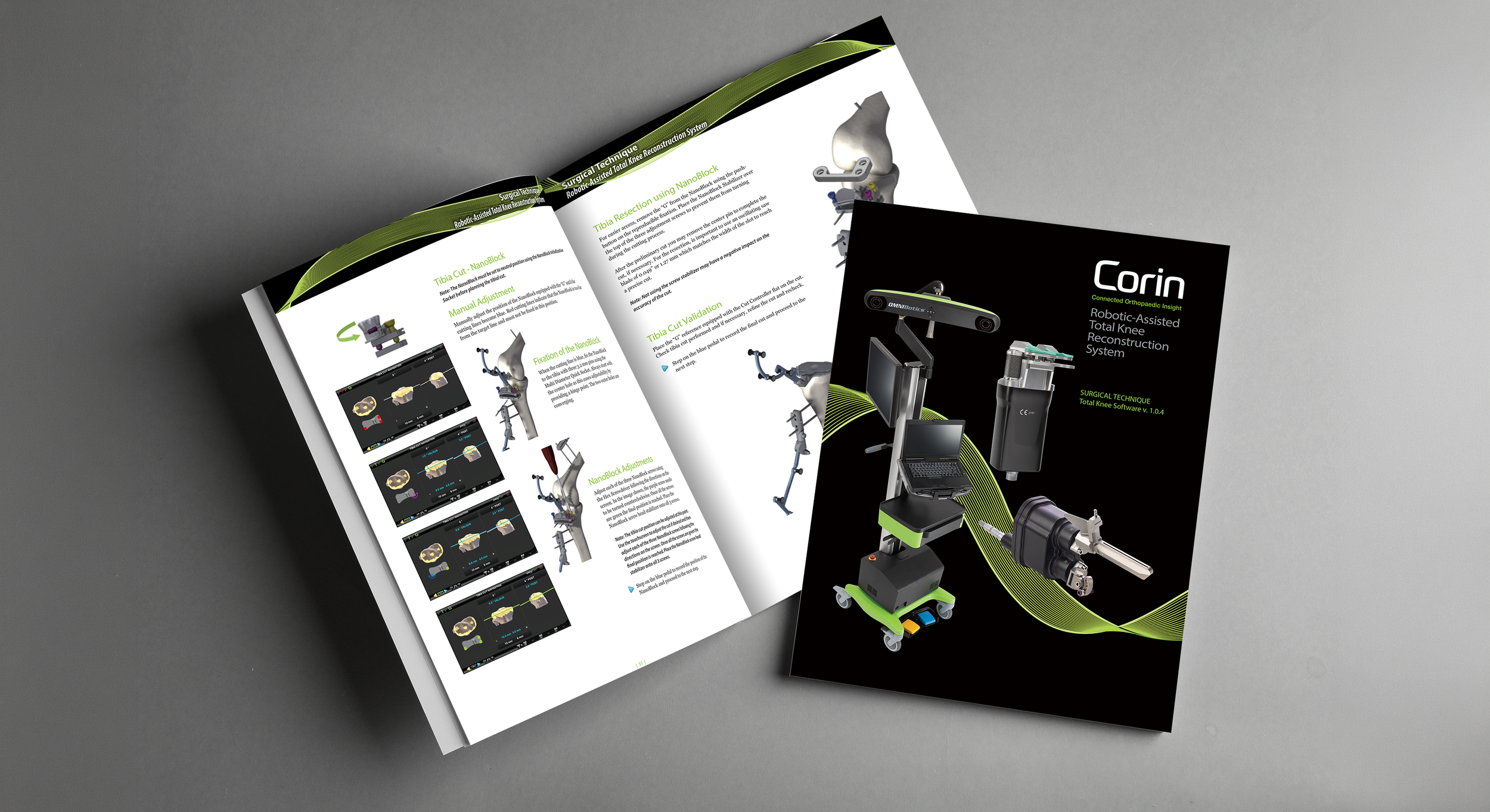 Brochure and pamphlet about robotic-assisted knee reconstruction system, featuring images of surgical tools, a laptop, and diagrams of knee surgery procedures.