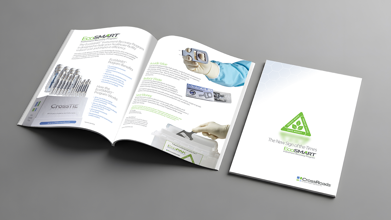 Open brochure with eco-friendly theme, showing medical syringes, a gloved hand holding a device, and a container with labels, alongside a closed brochure with eco-friendly logo and text.