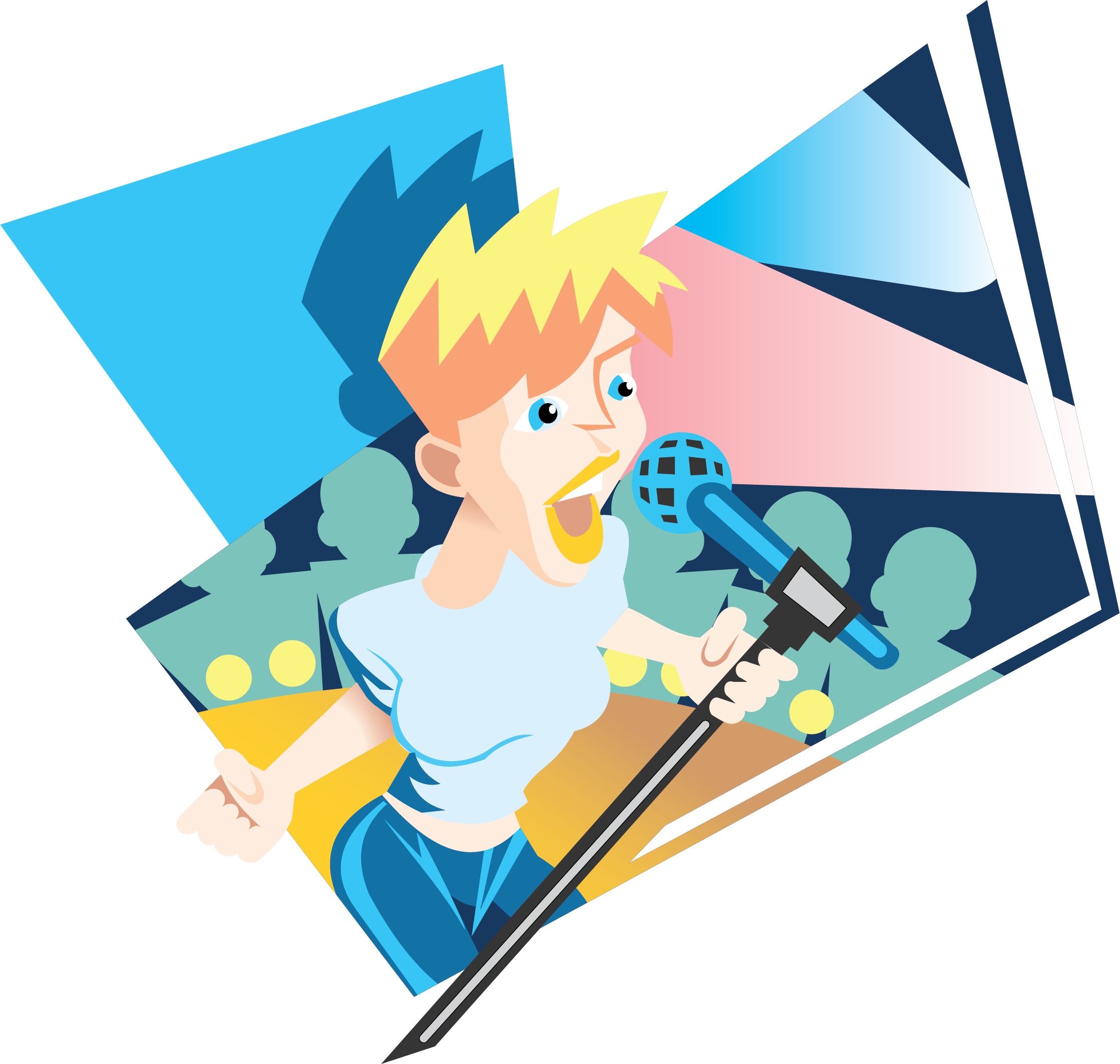 Anime-style illustration of a blonde girl singing into a microphone on stage with pink and blue stage lighting.