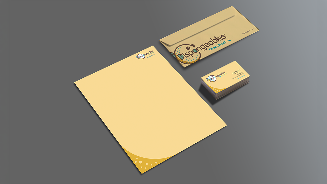 Business stationery including a letterhead, envelope, and business cards with a beige and brown color scheme and a company logo reading 'disponedables' with a tagline 'good.clean.Fun'.